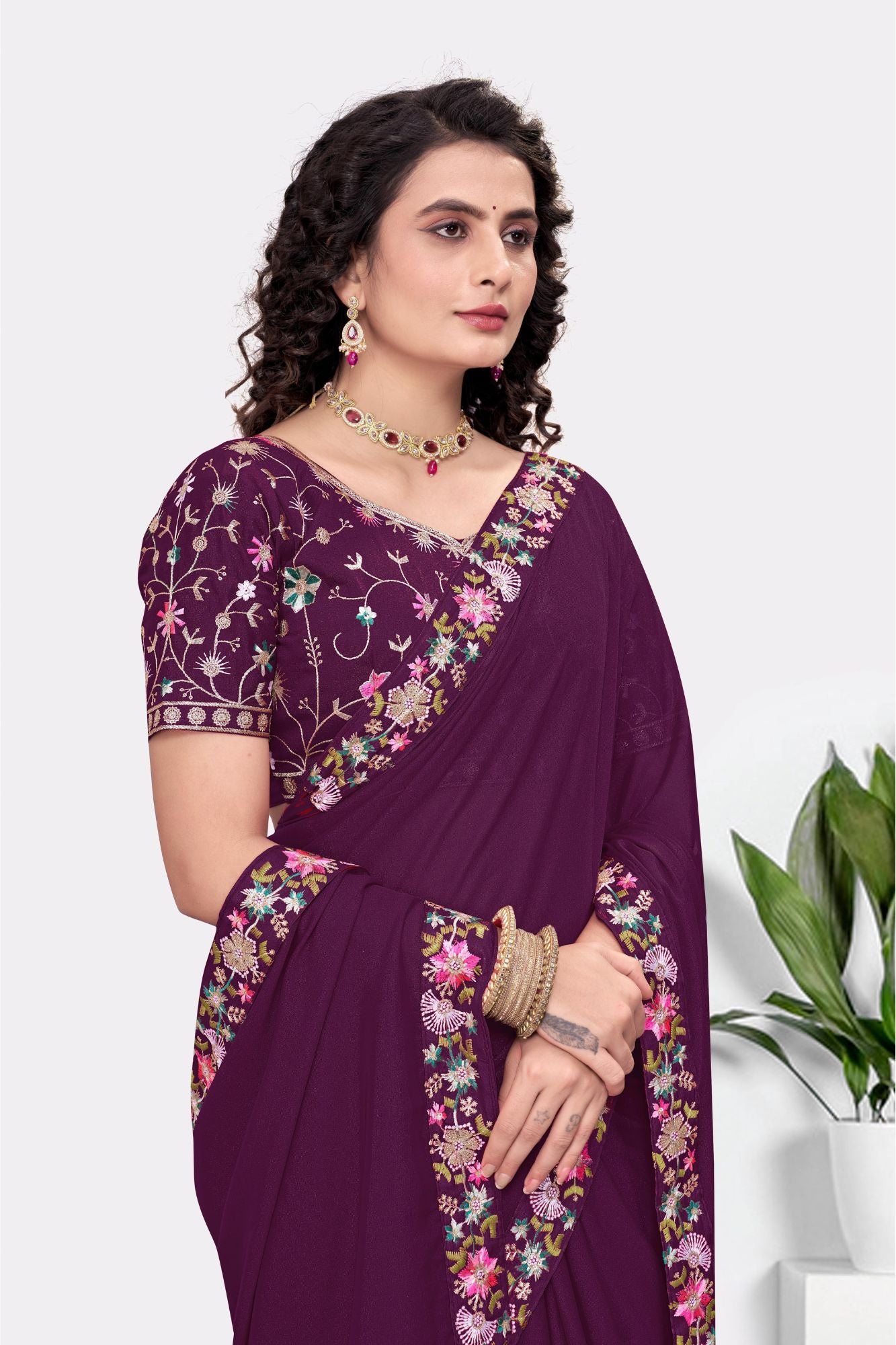Embroidered Party Saree with Contrast Blouse