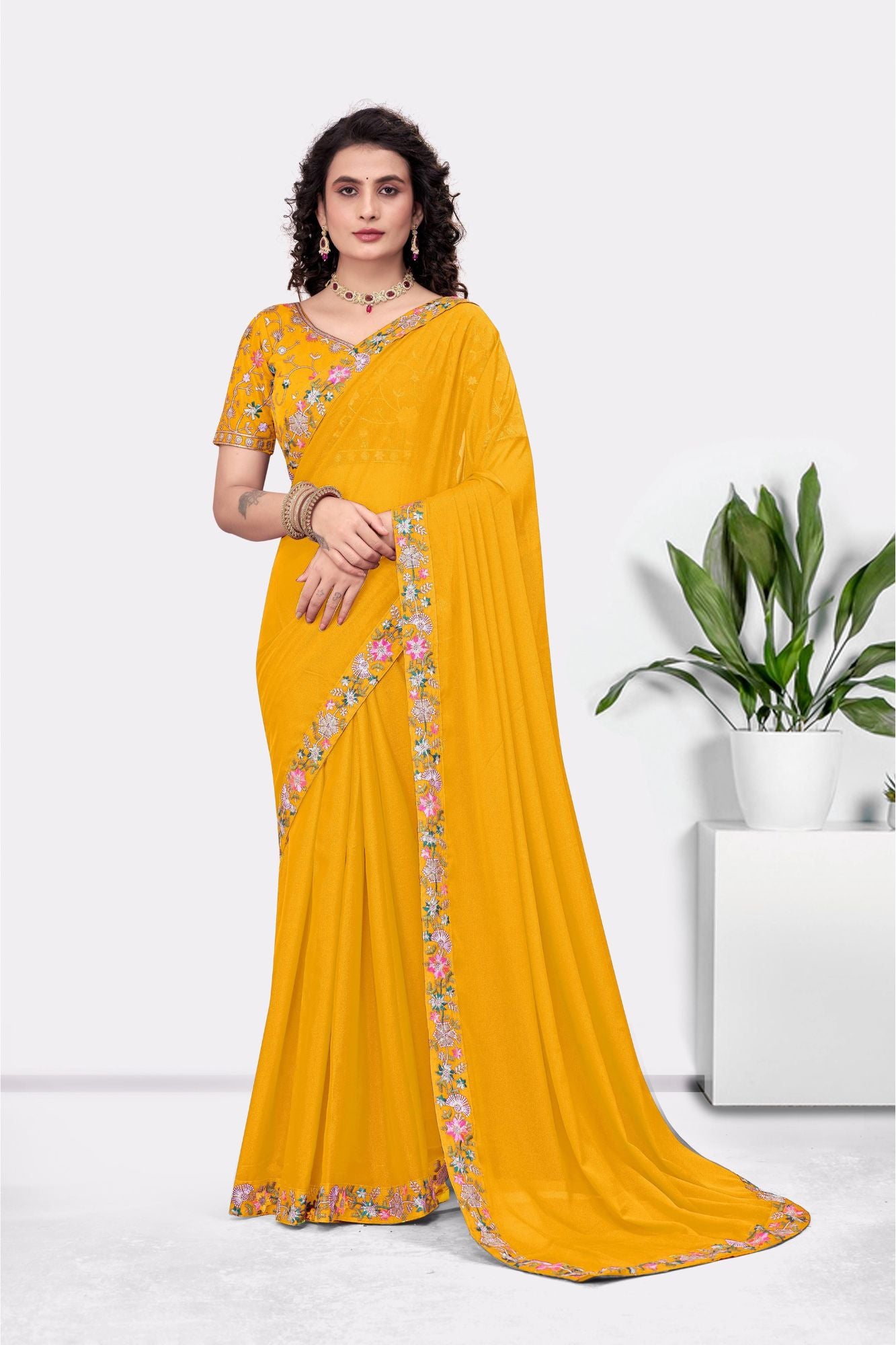 Embroidered Party Saree with Contrast Blouse