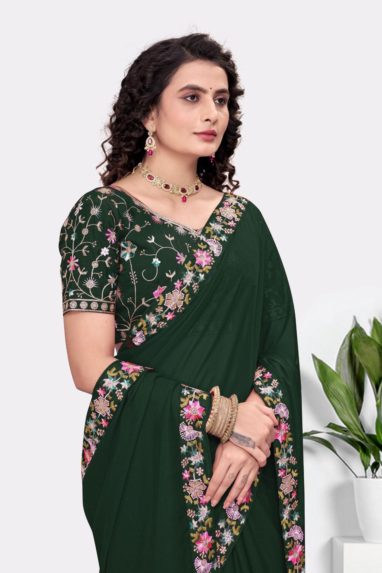 Embroidered Party Saree with Contrast Blouse