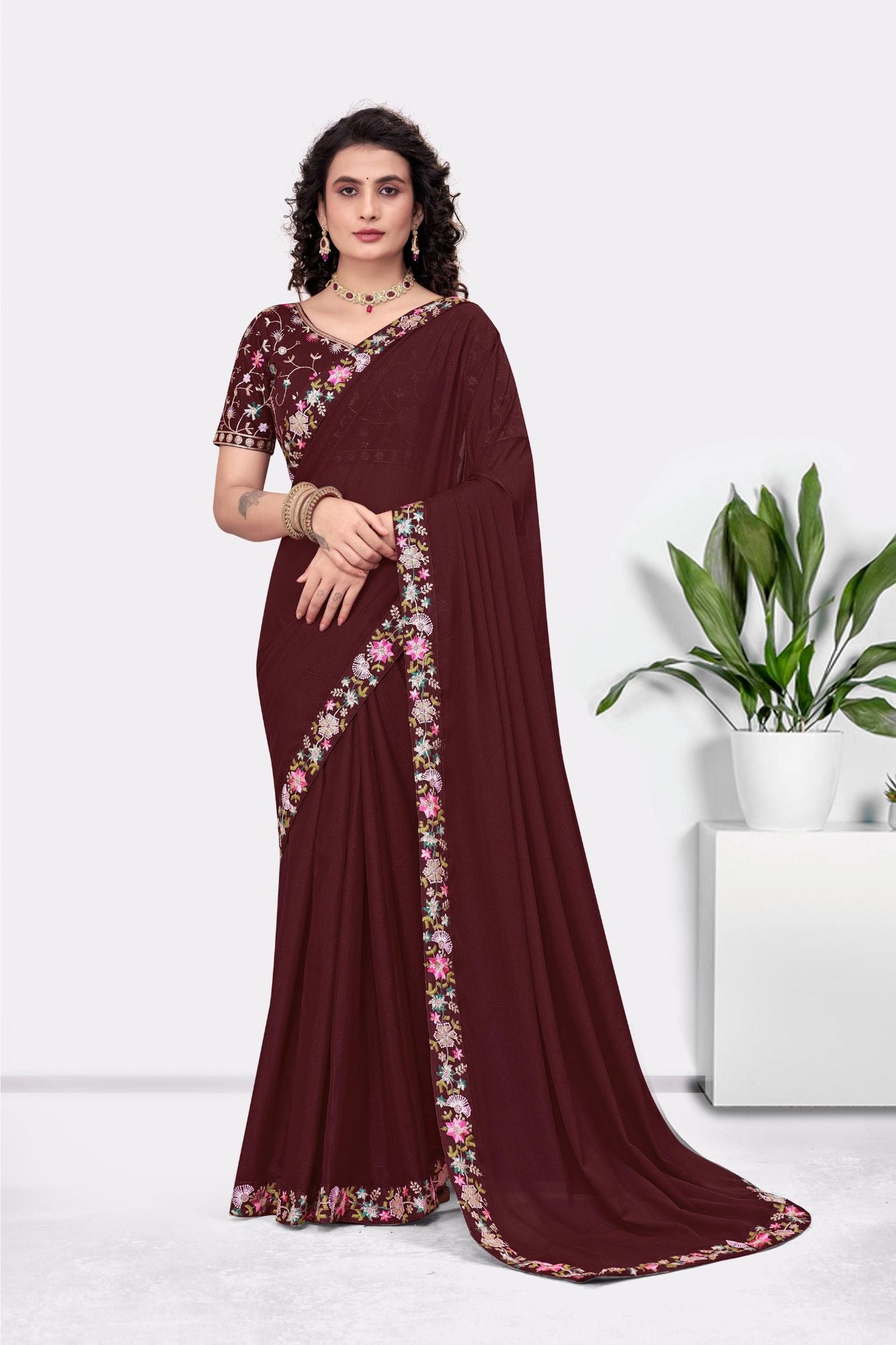 Embroidered Party Saree with Contrast Blouse