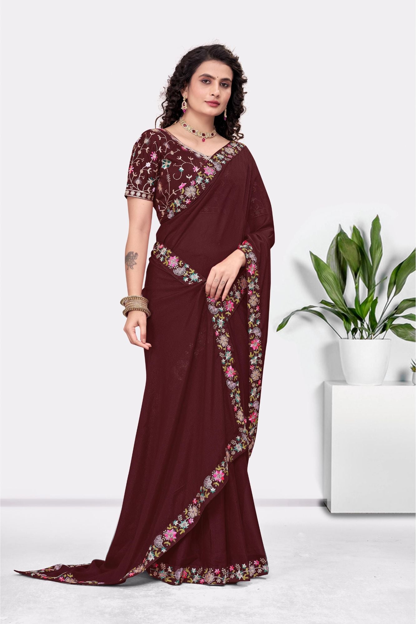 Embroidered Party Saree with Contrast Blouse