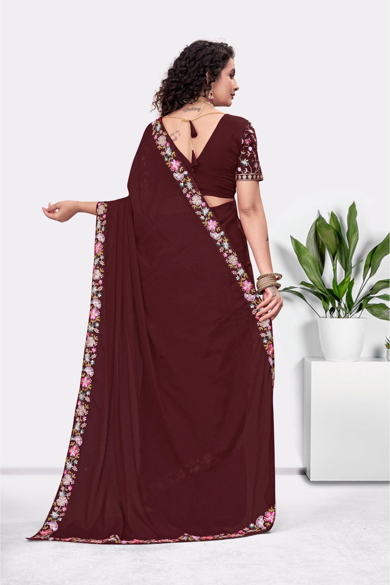 Embroidered Party Saree with Contrast Blouse