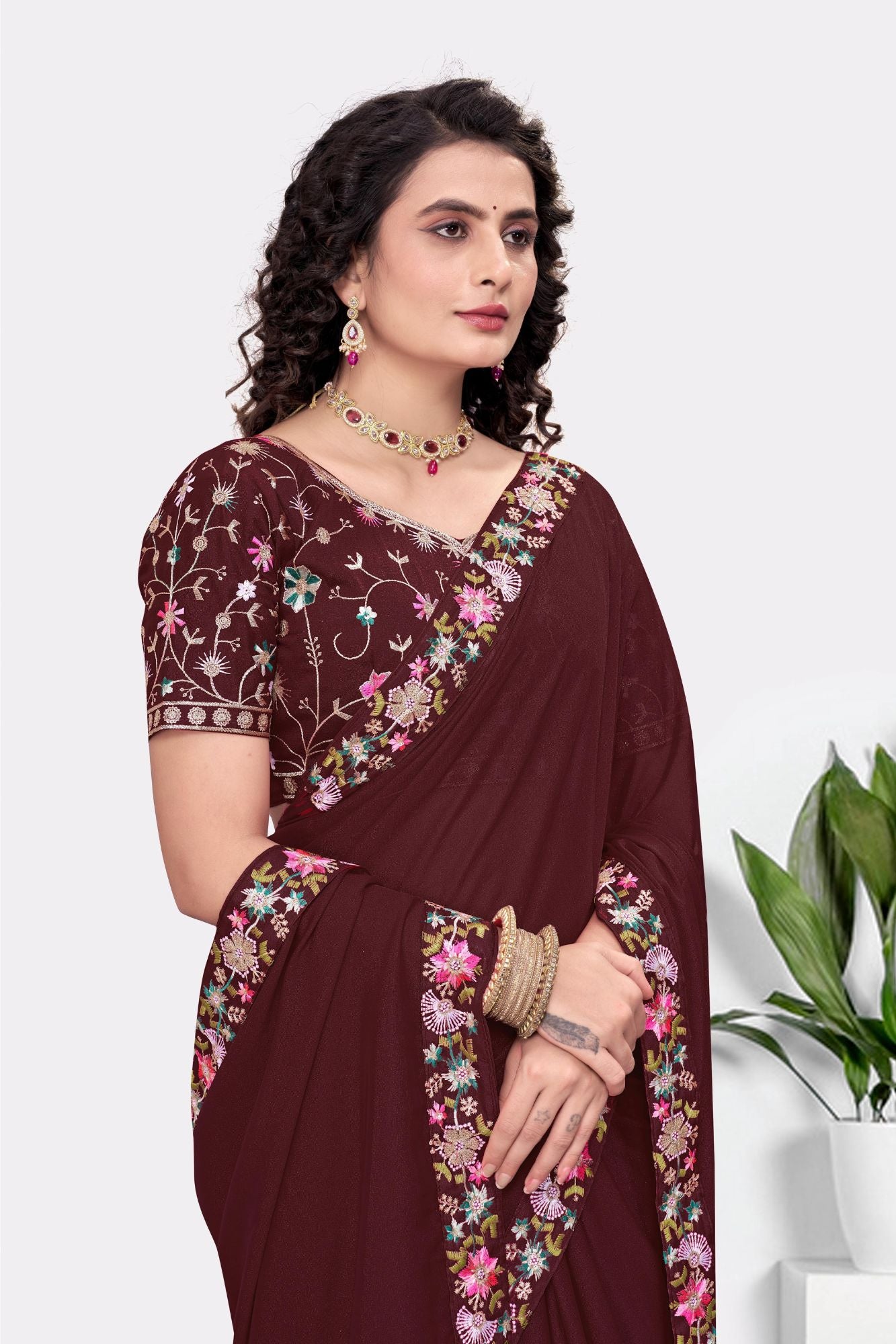 Embroidered Party Saree with Contrast Blouse