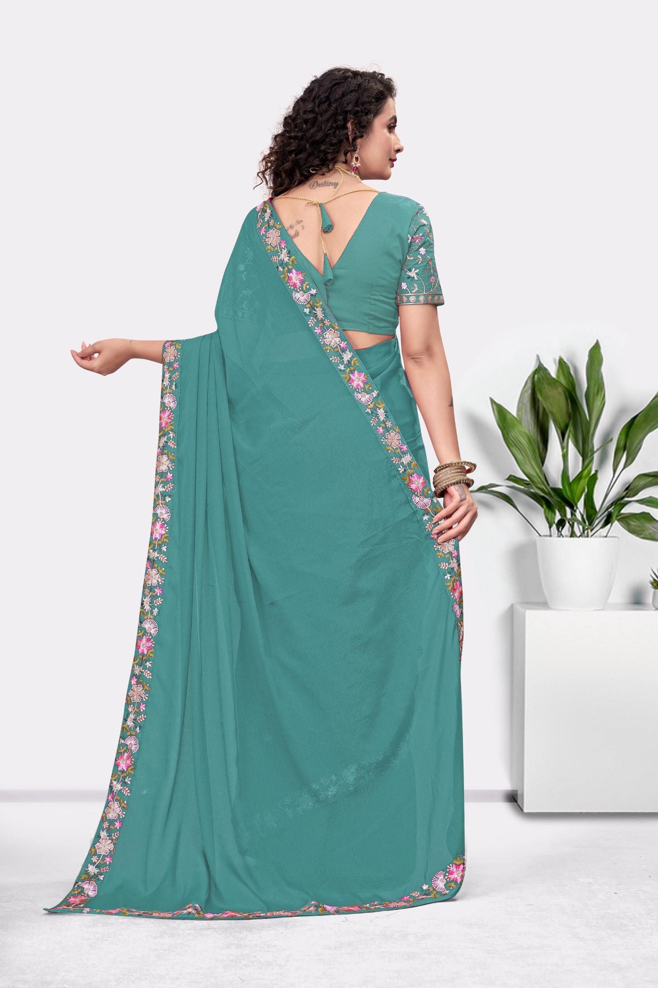 Embroidered Party Saree with Contrast Blouse