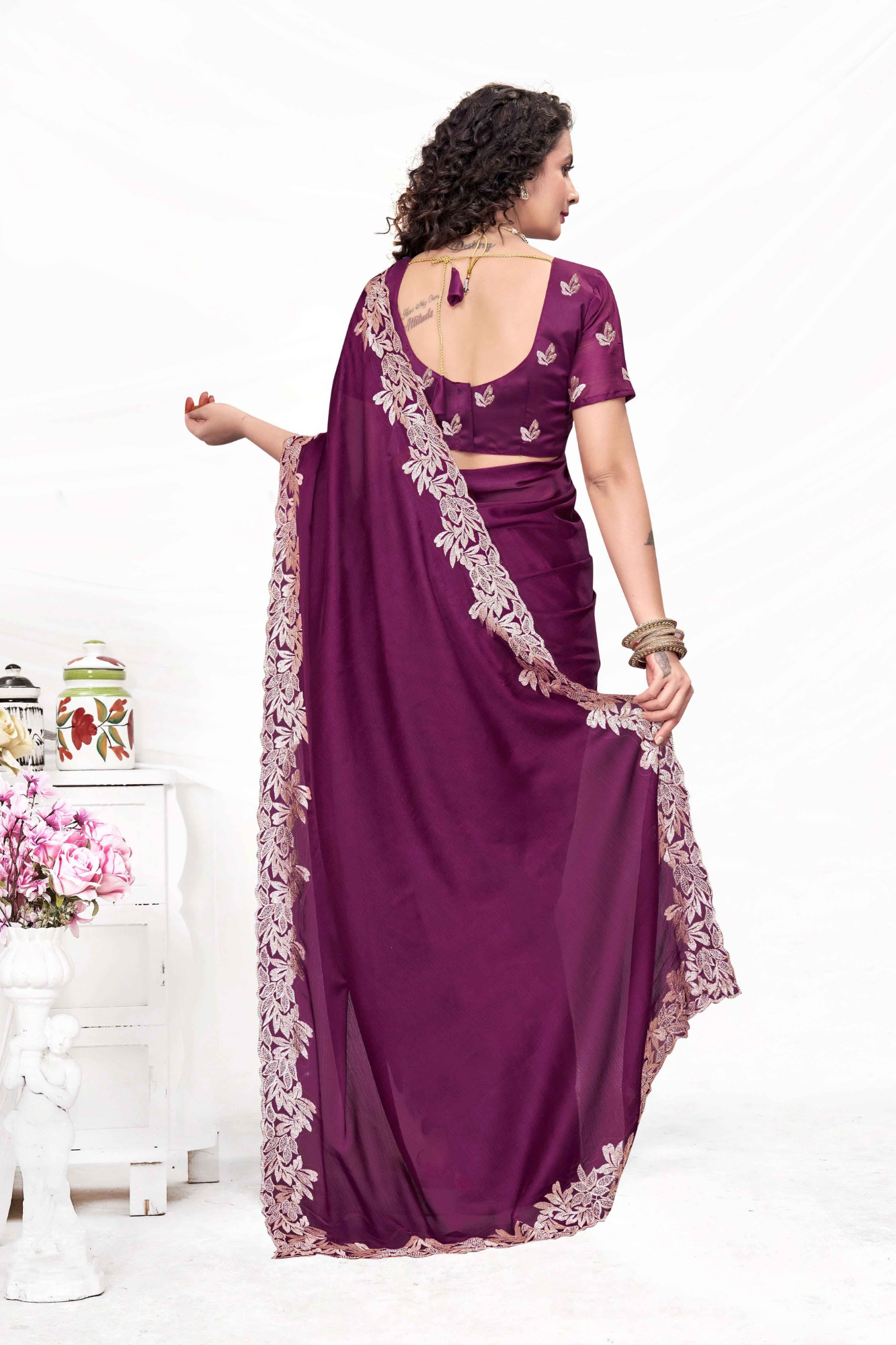 Embroidered Party Saree with Contrast Blouse
