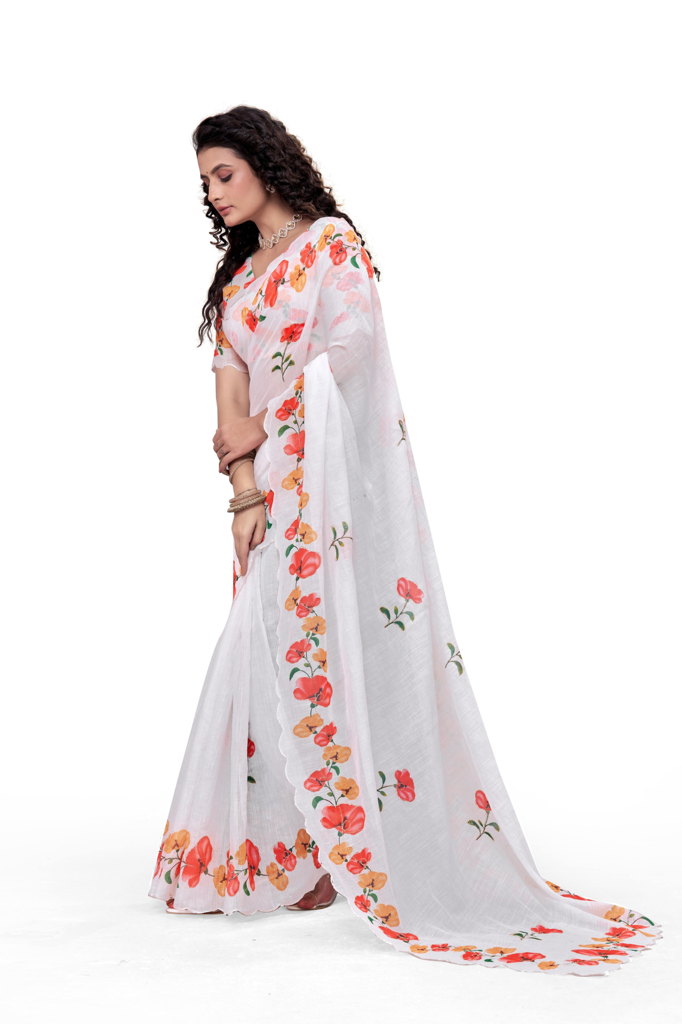 Elegant White Linen Saree with Floral Print Border
