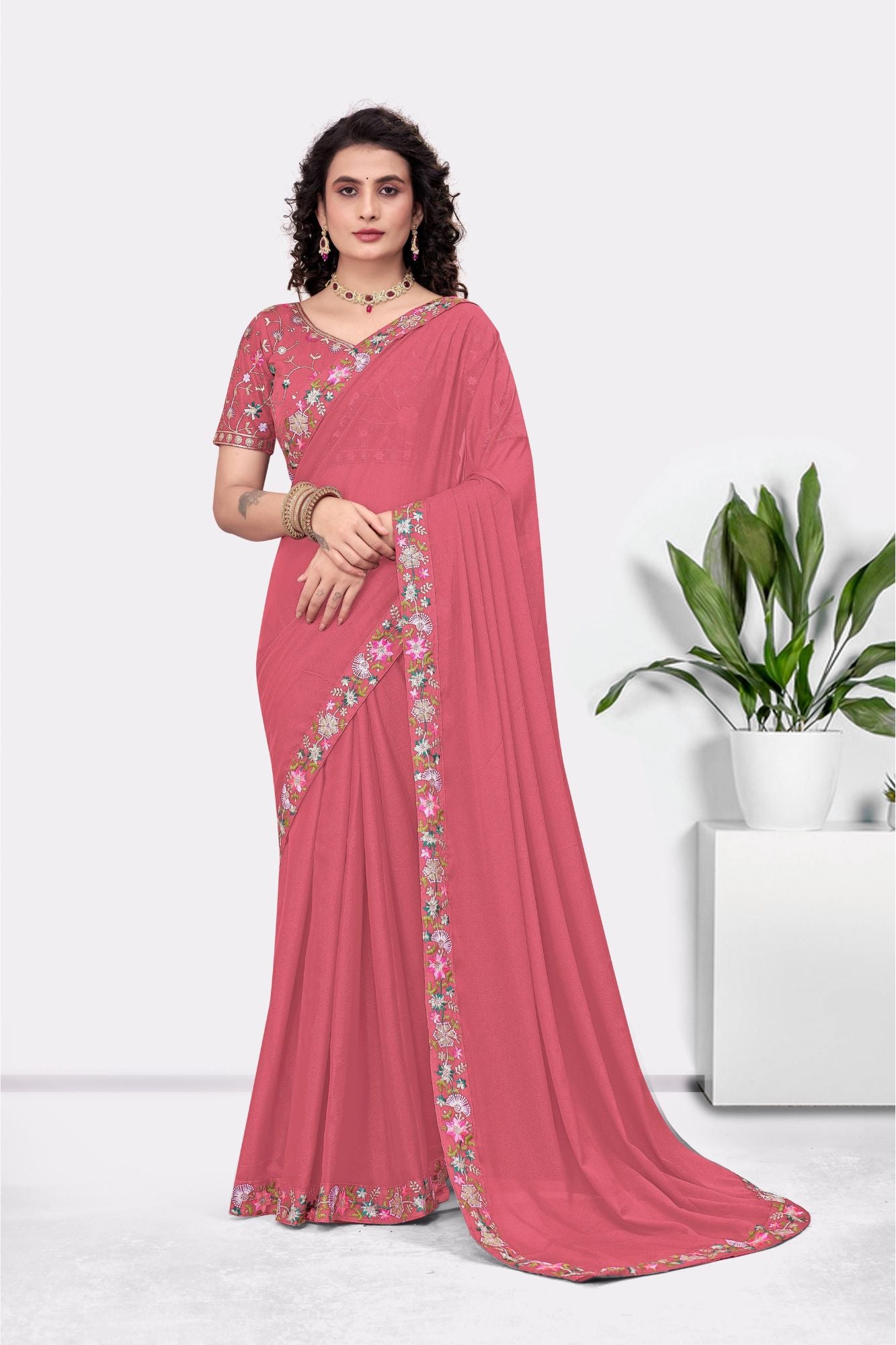 Embroidered Party Saree with Contrast Blouse