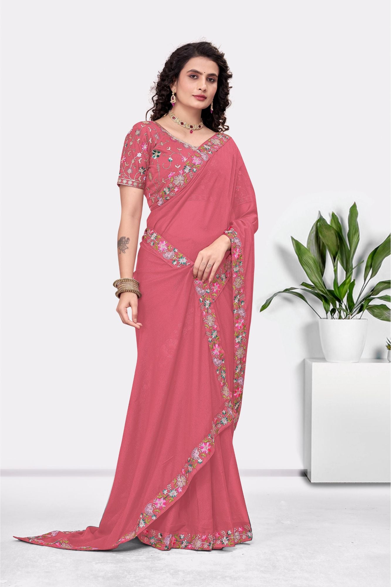 Embroidered Party Saree with Contrast Blouse