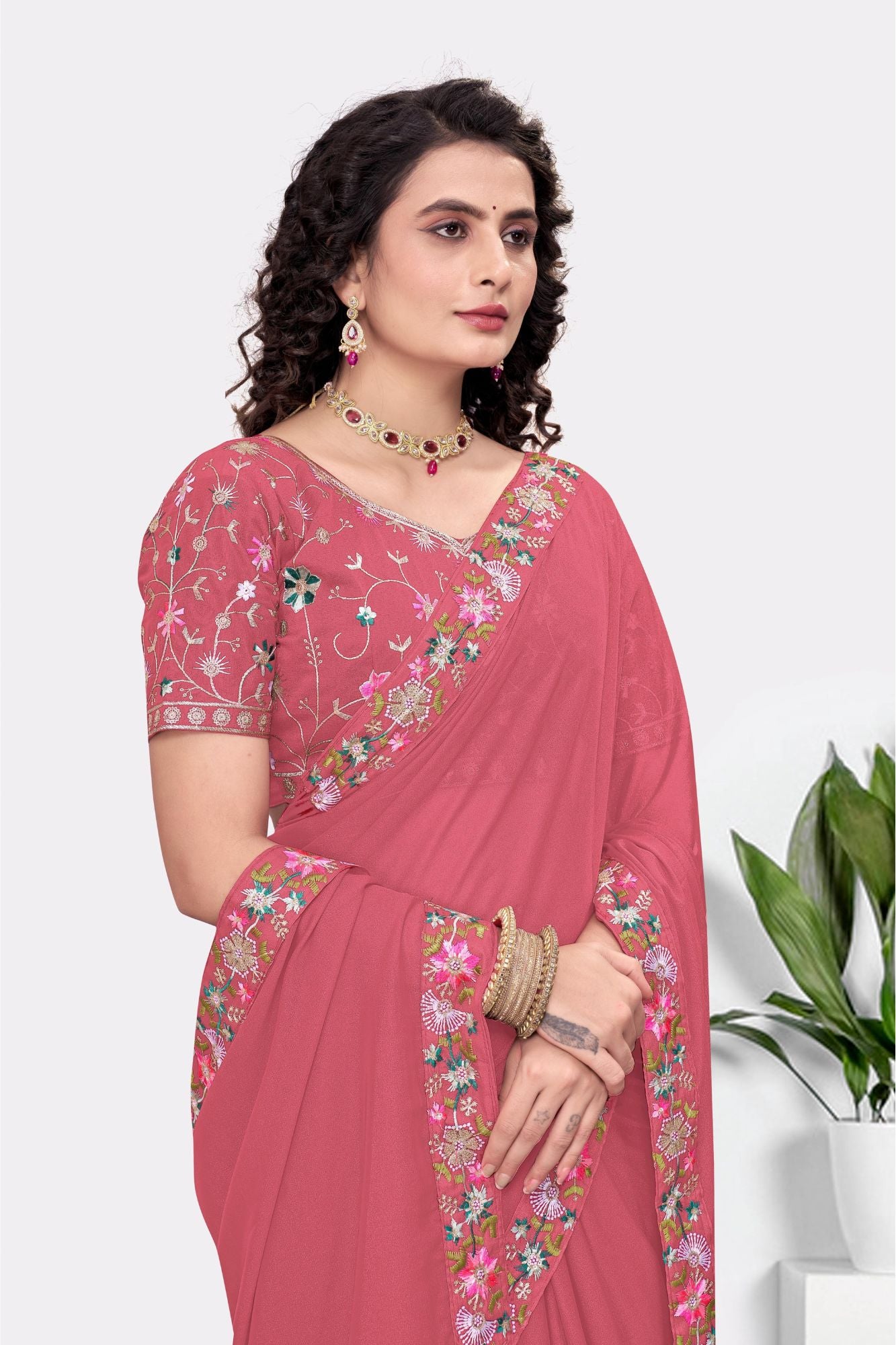 Embroidered Party Saree with Contrast Blouse