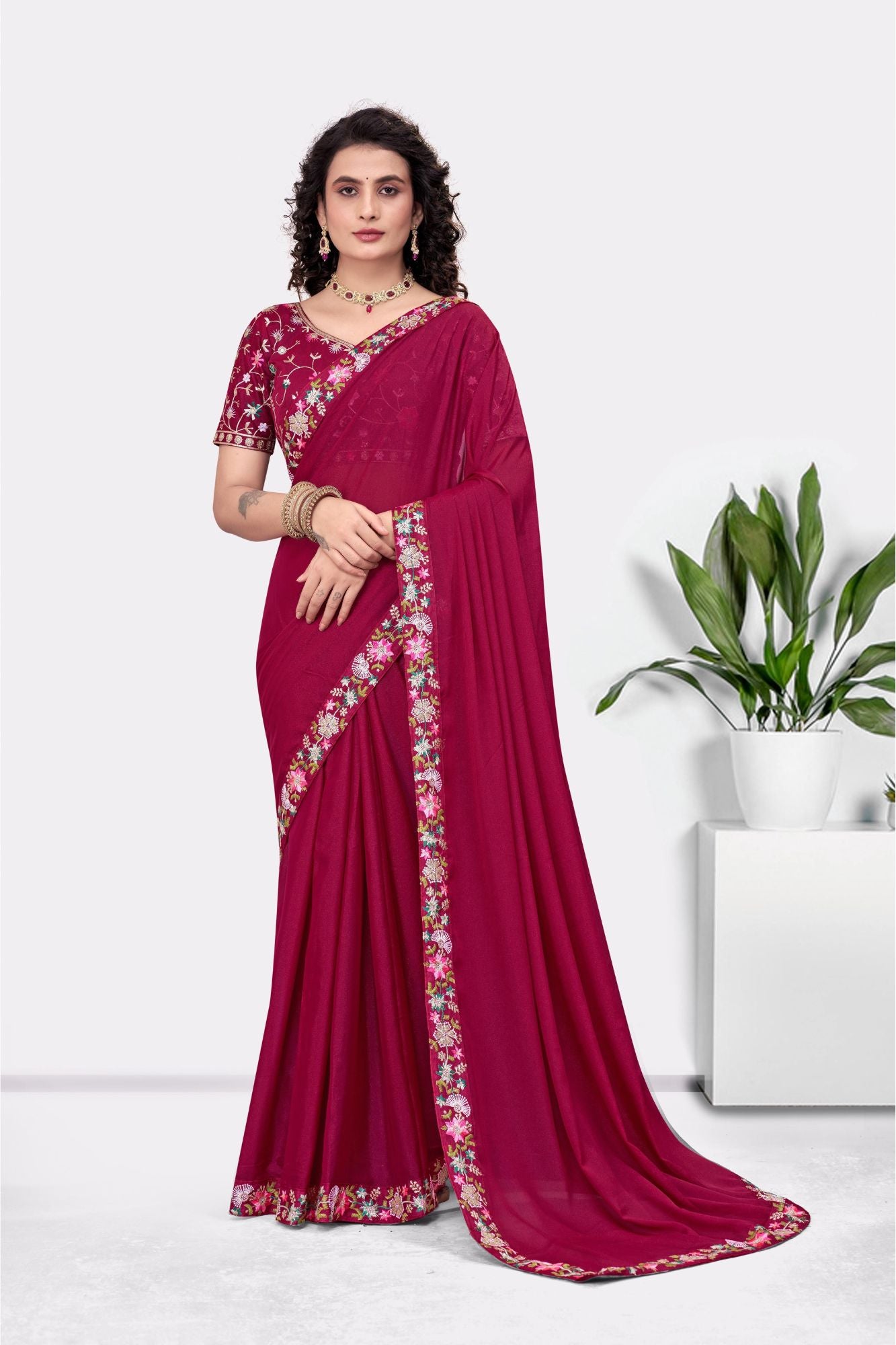 Embroidered Party Saree with Contrast Blouse