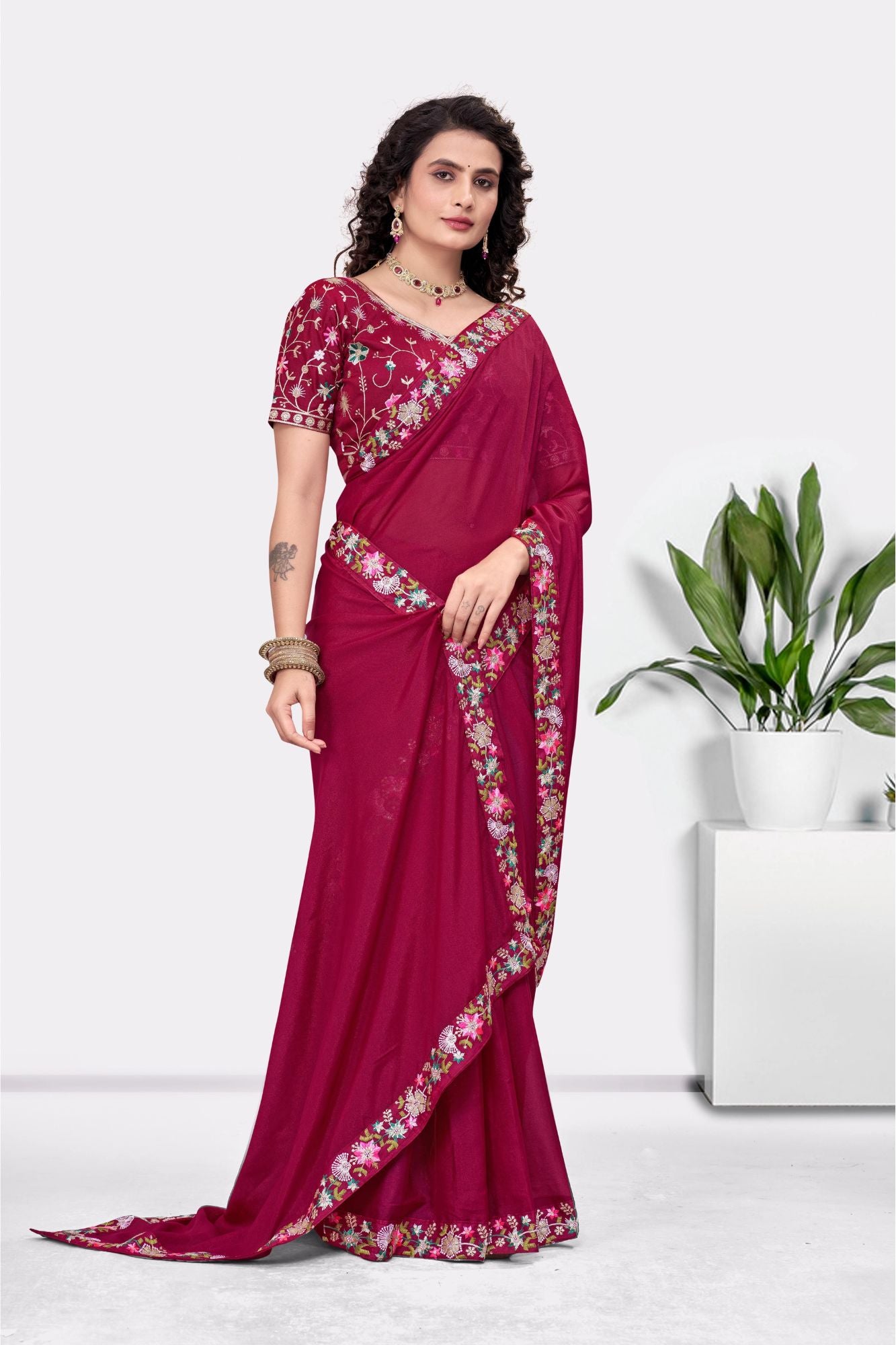 Embroidered Party Saree with Contrast Blouse