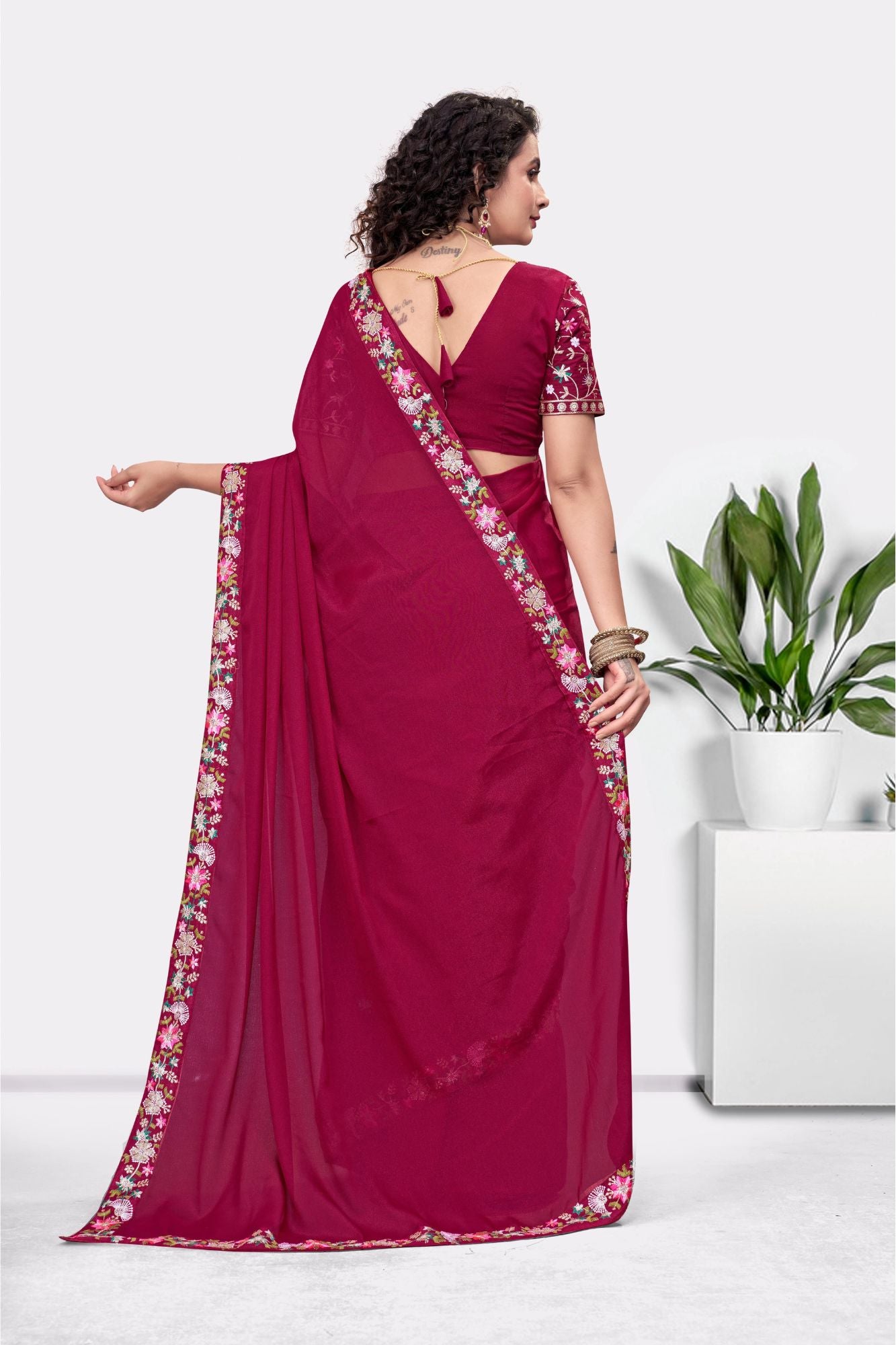 Embroidered Party Saree with Contrast Blouse