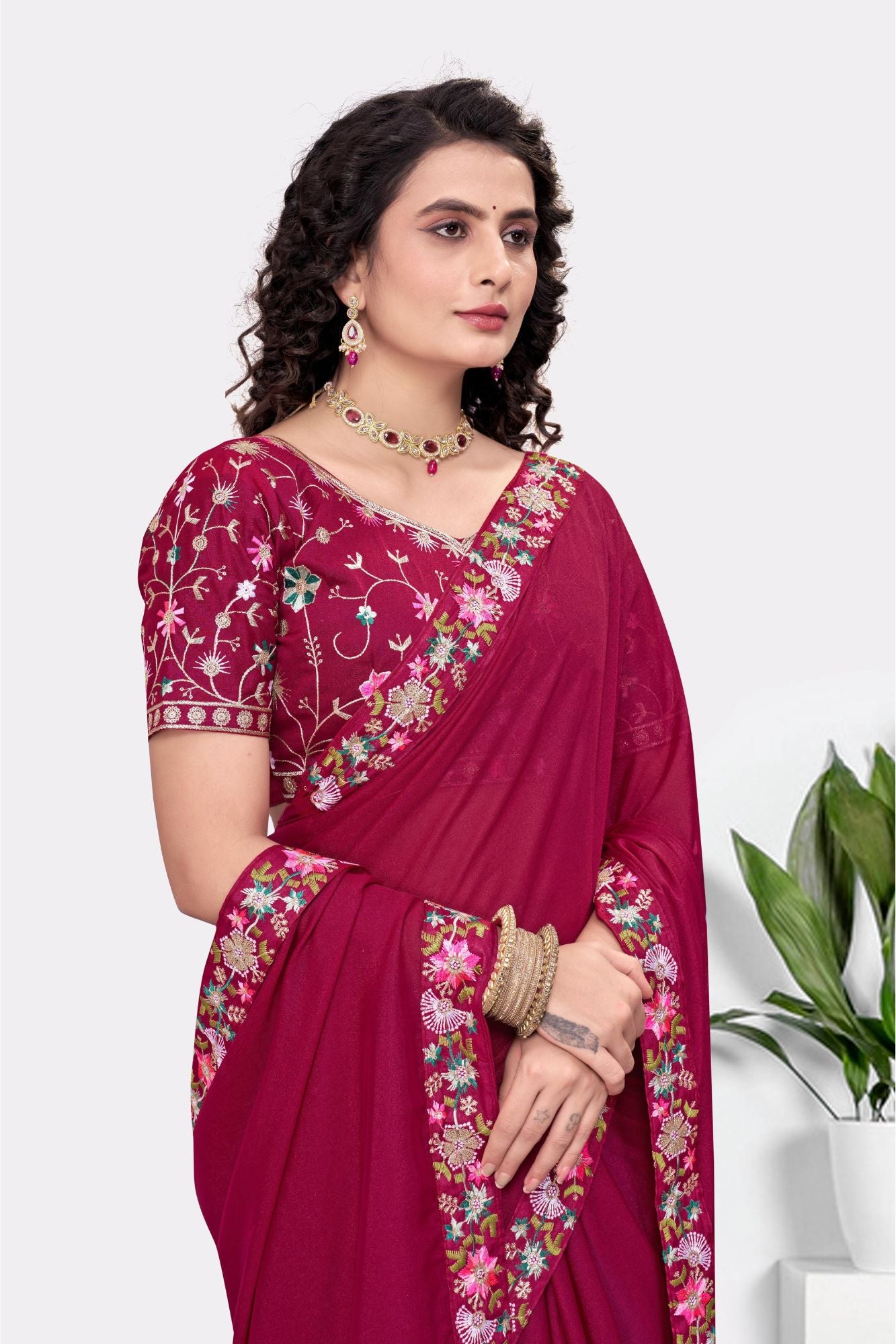 Embroidered Party Saree with Contrast Blouse