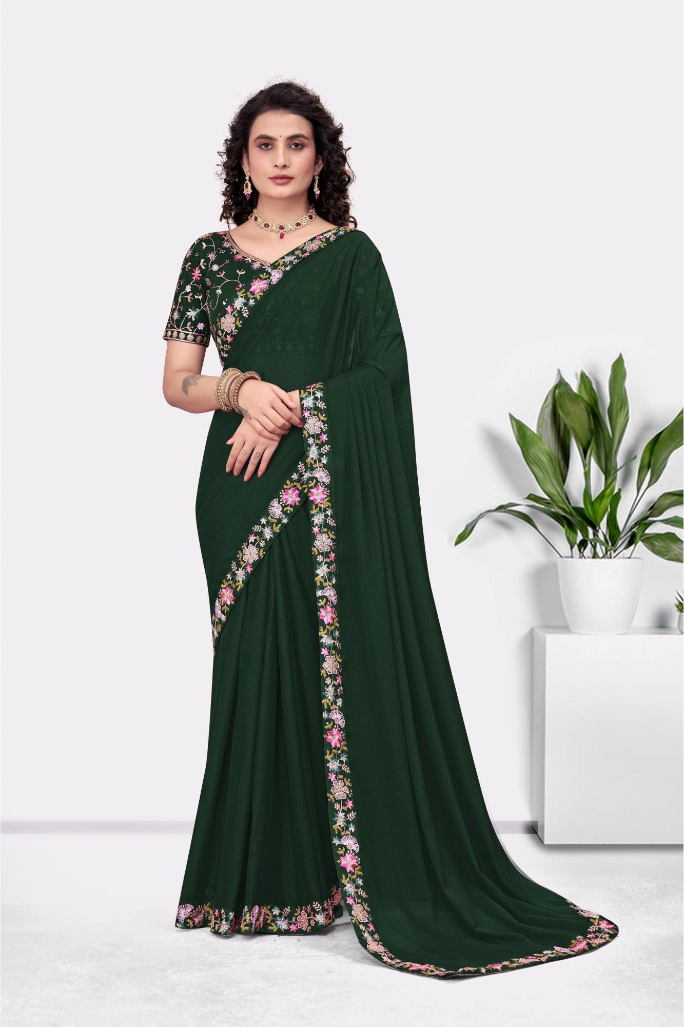 Embroidered Party Saree with Contrast Blouse