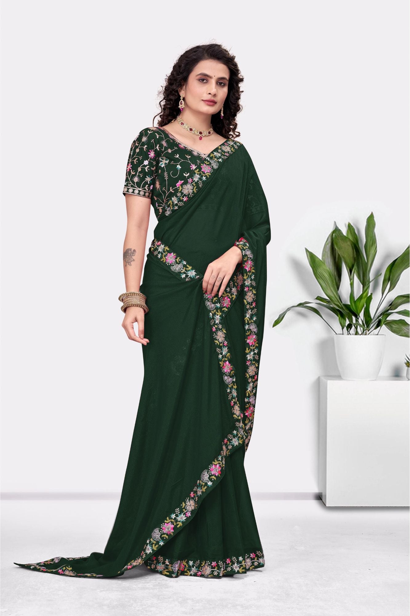 Embroidered Party Saree with Contrast Blouse