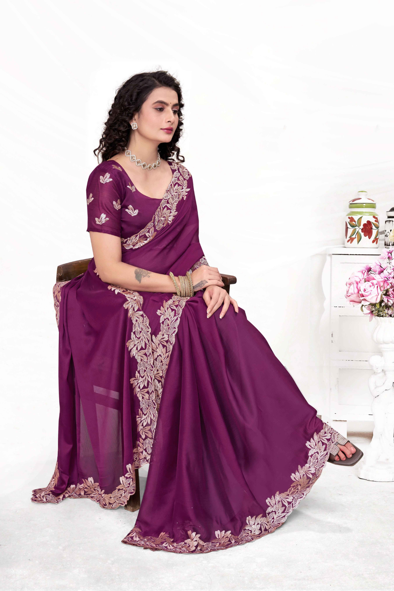 Embroidered Party Saree with Contrast Blouse