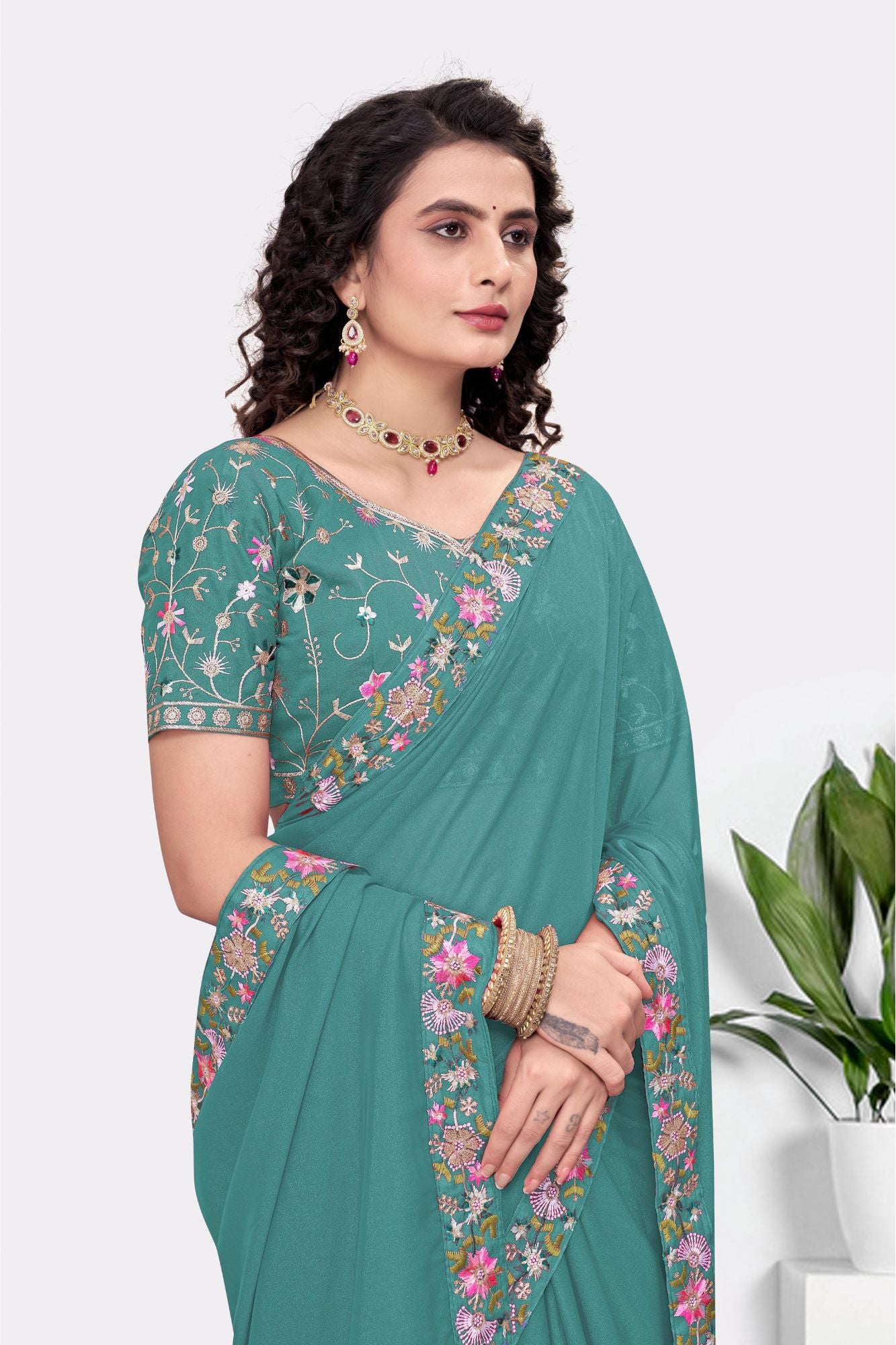 Embroidered Party Saree with Contrast Blouse