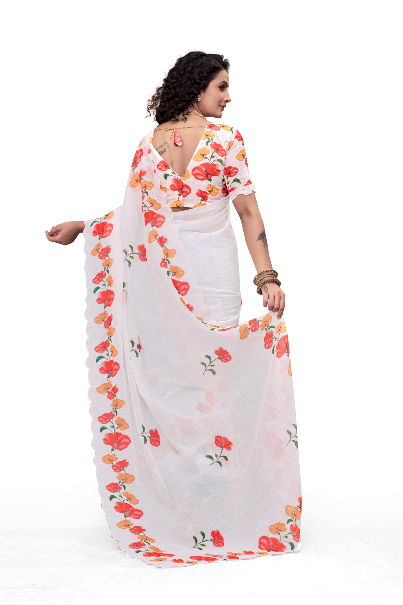 Elegant White Linen Saree with Floral Print Border