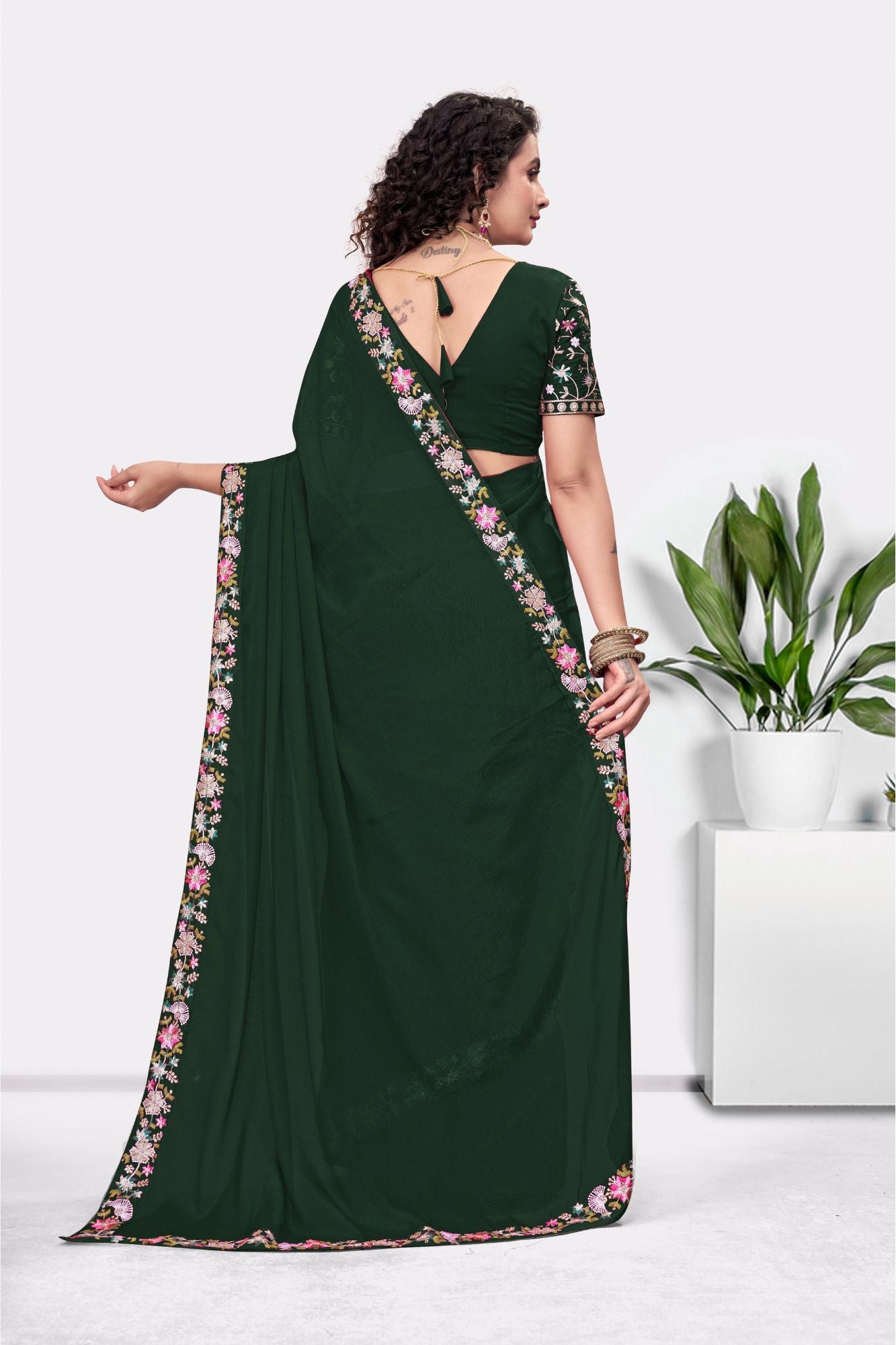 Embroidered Party Saree with Contrast Blouse