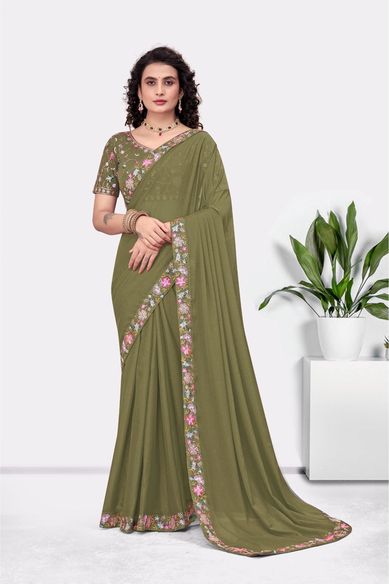 Embroidered Party Saree with Contrast Blouse