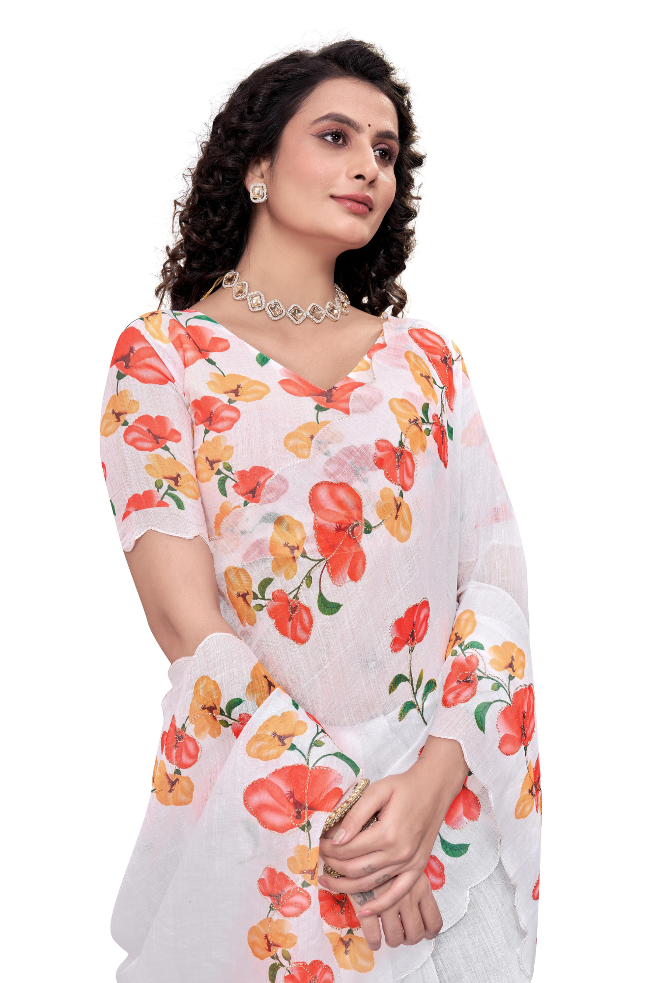 Elegant White Linen Saree with Floral Print Border