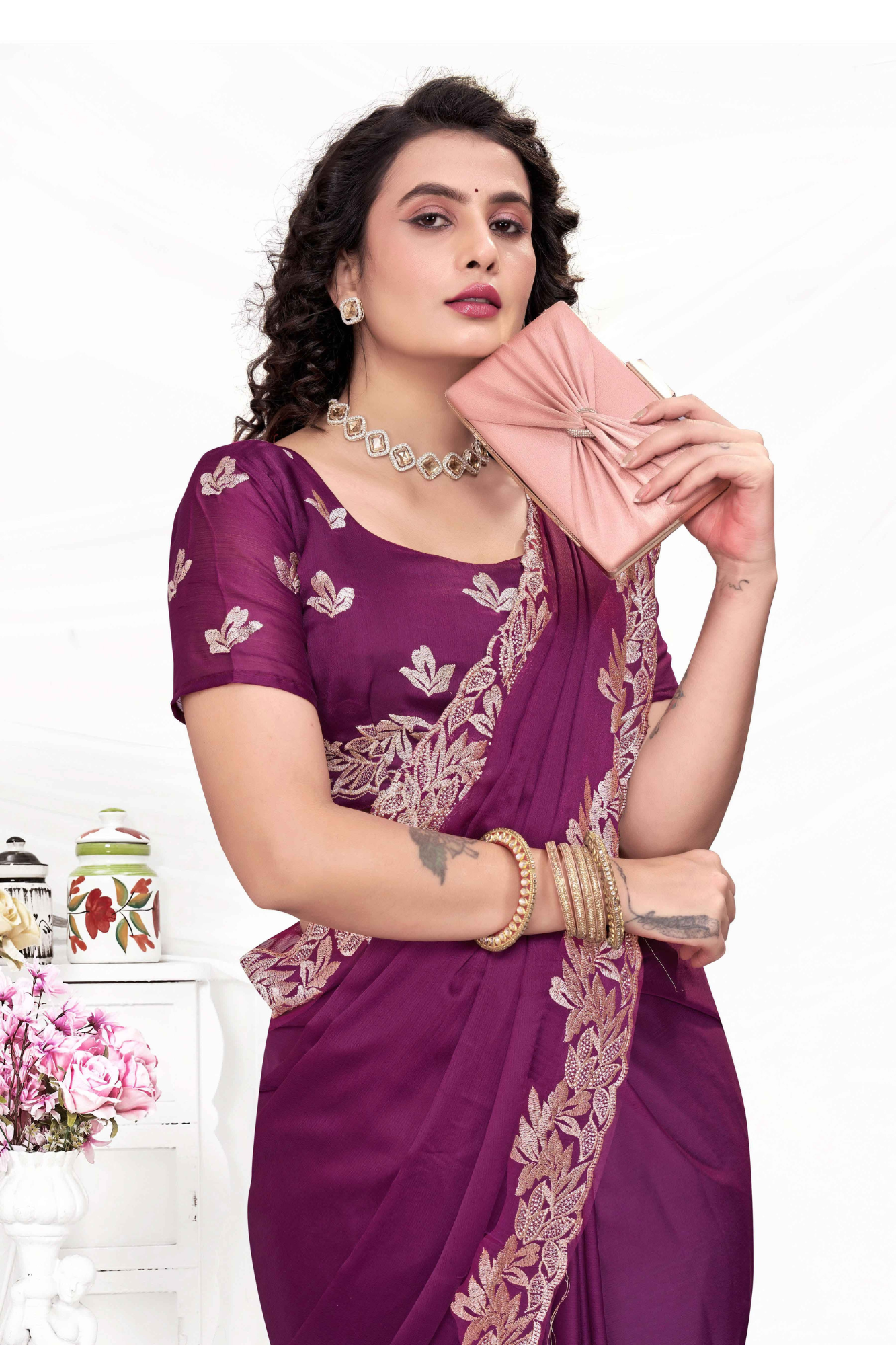 Embroidered Party Saree with Contrast Blouse