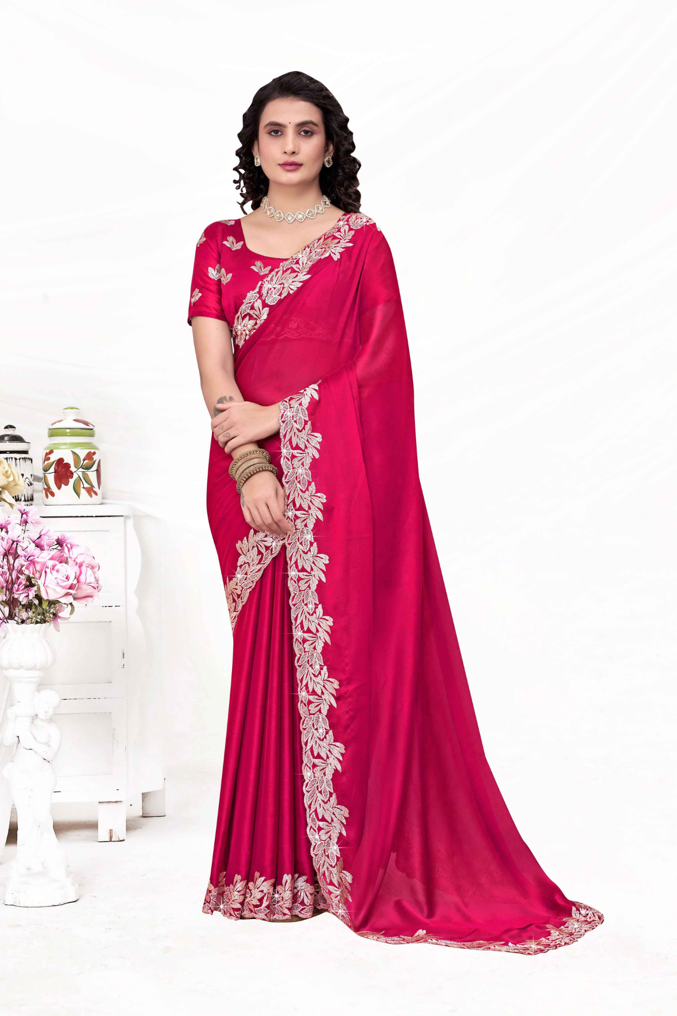 Embroidered Party Saree with Contrast Blouse