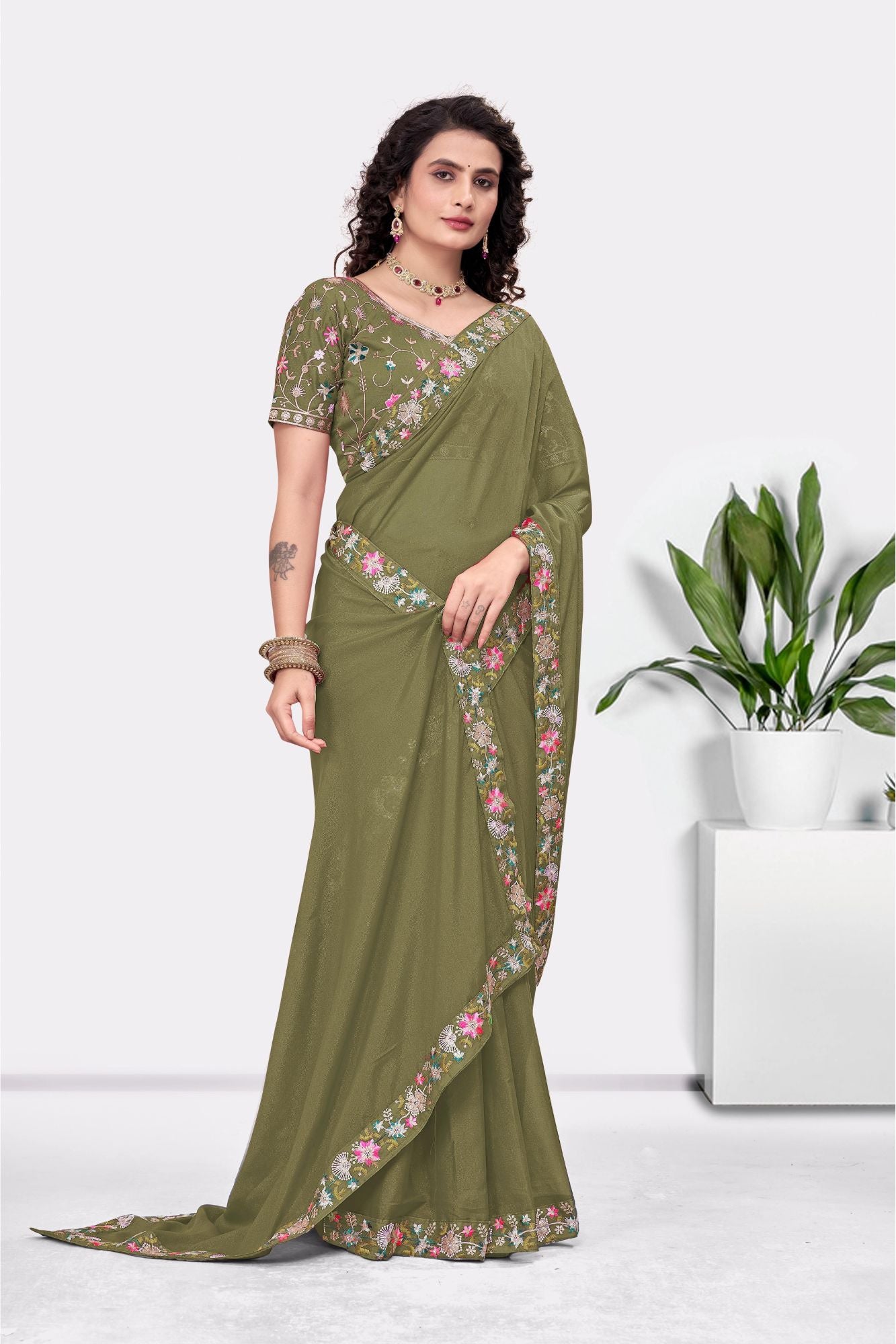 Embroidered Party Saree with Contrast Blouse