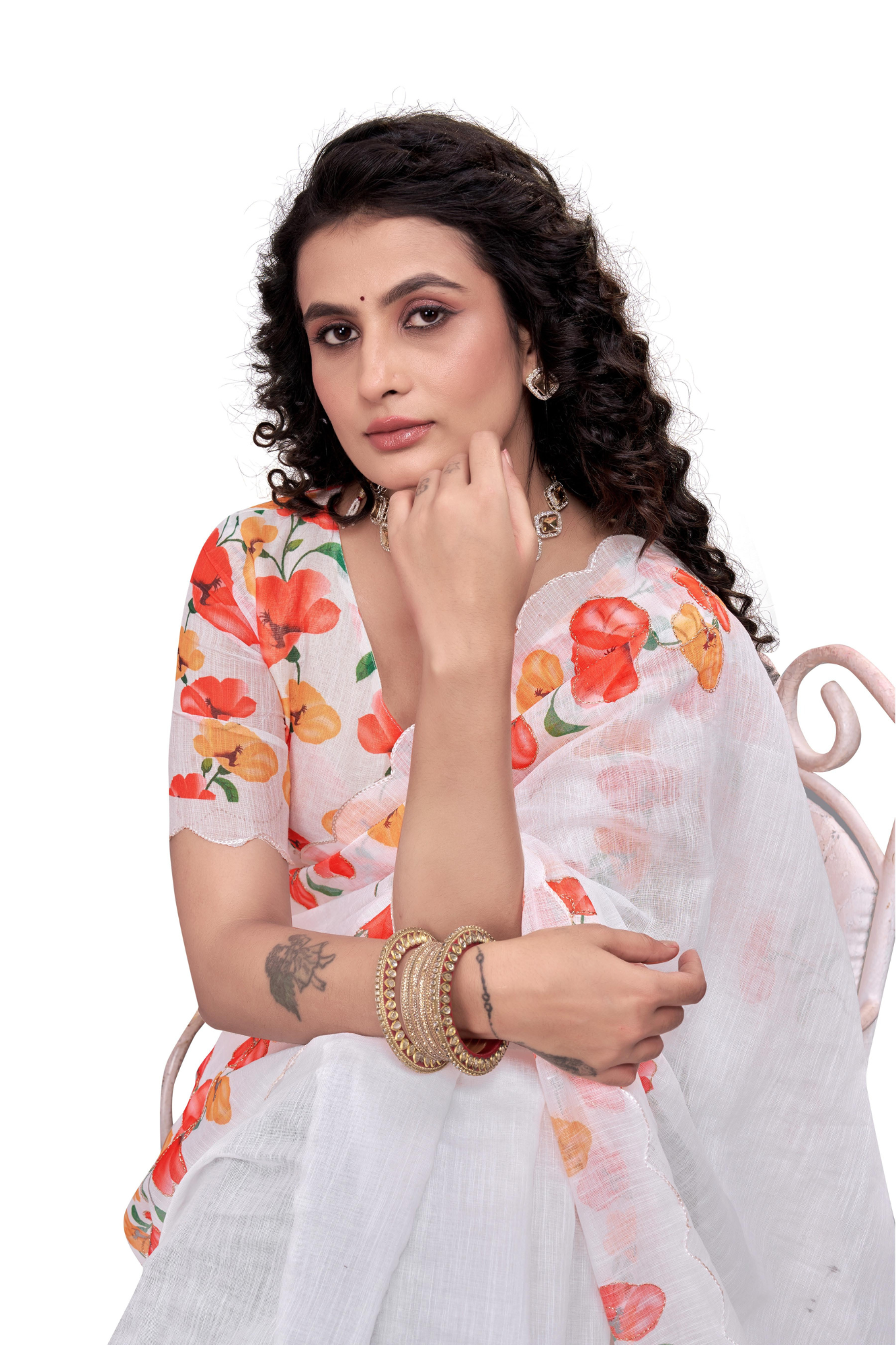 Elegant White Linen Saree with Floral Print Border