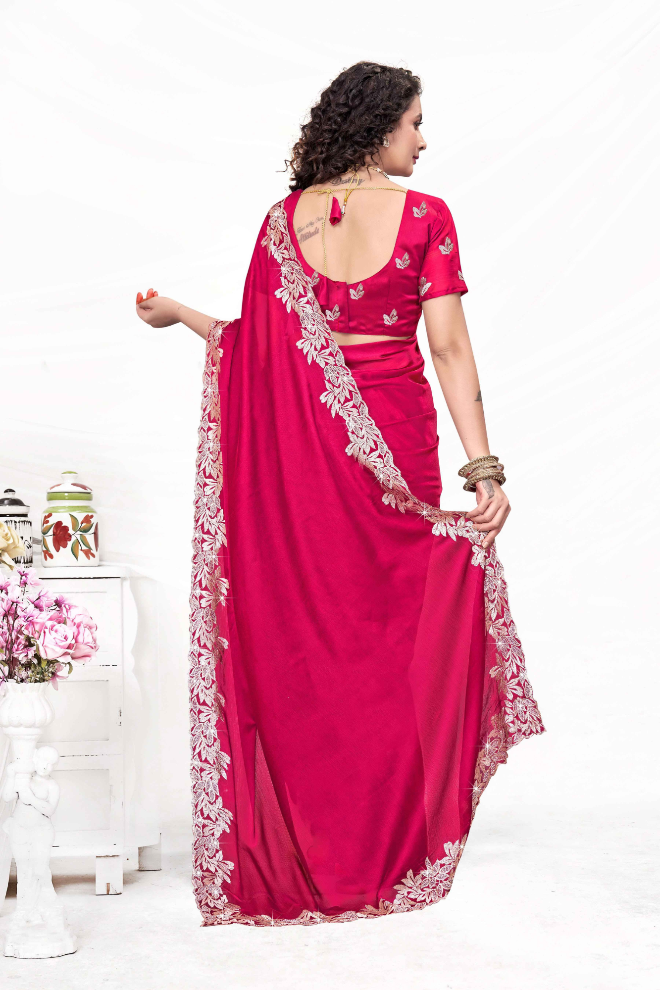 Embroidered Party Saree with Contrast Blouse