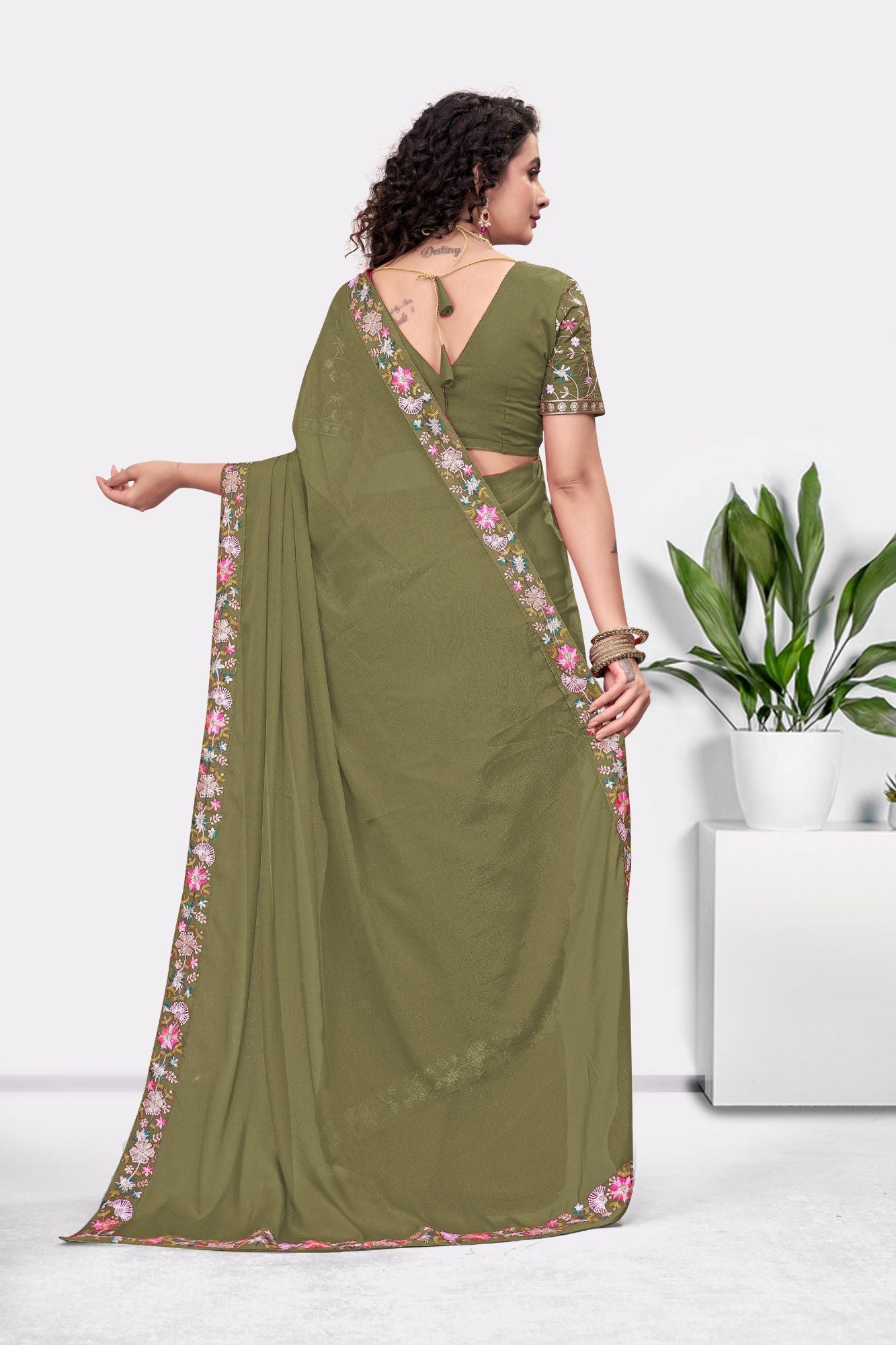 Embroidered Party Saree with Contrast Blouse