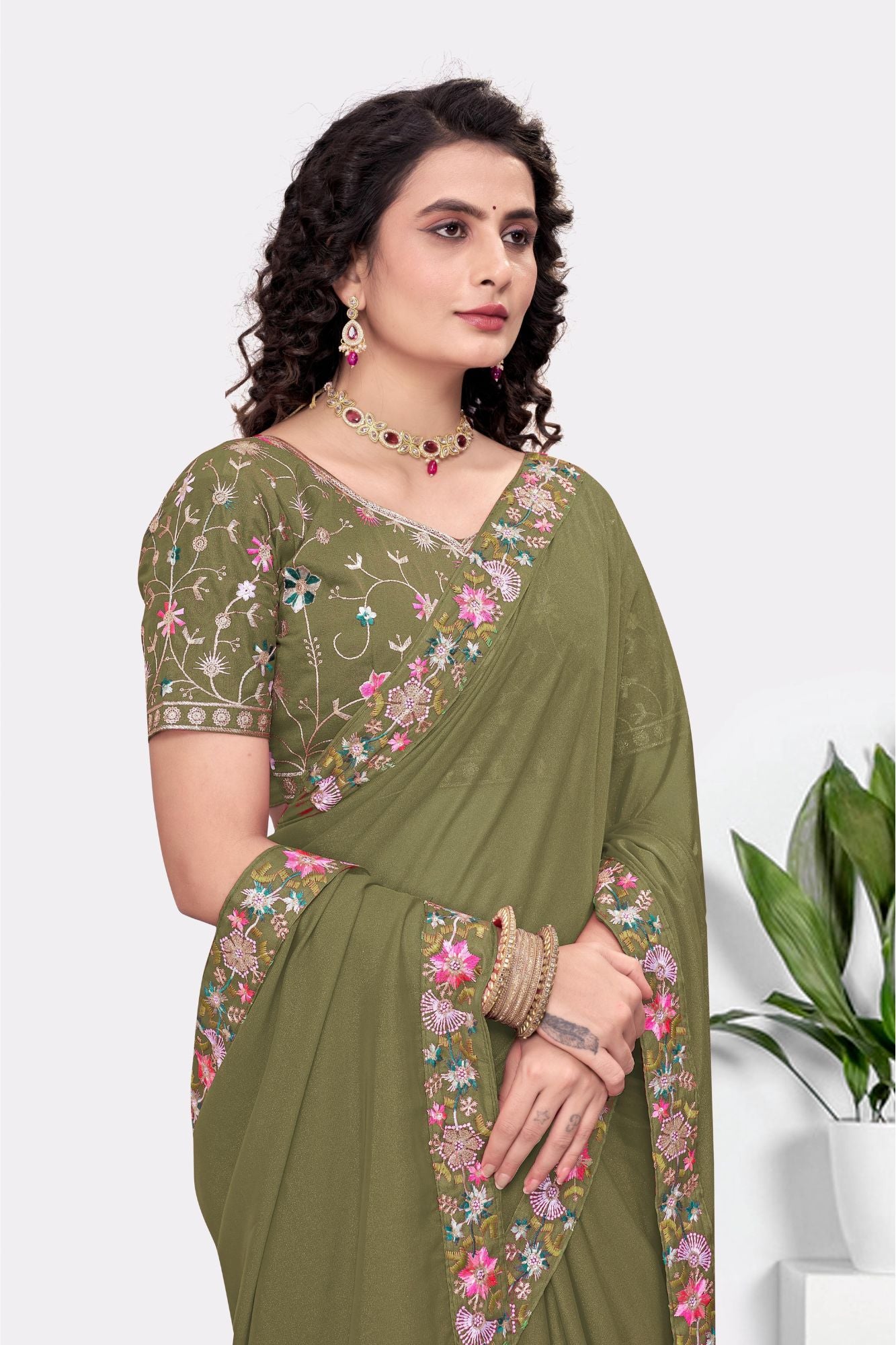 Embroidered Party Saree with Contrast Blouse