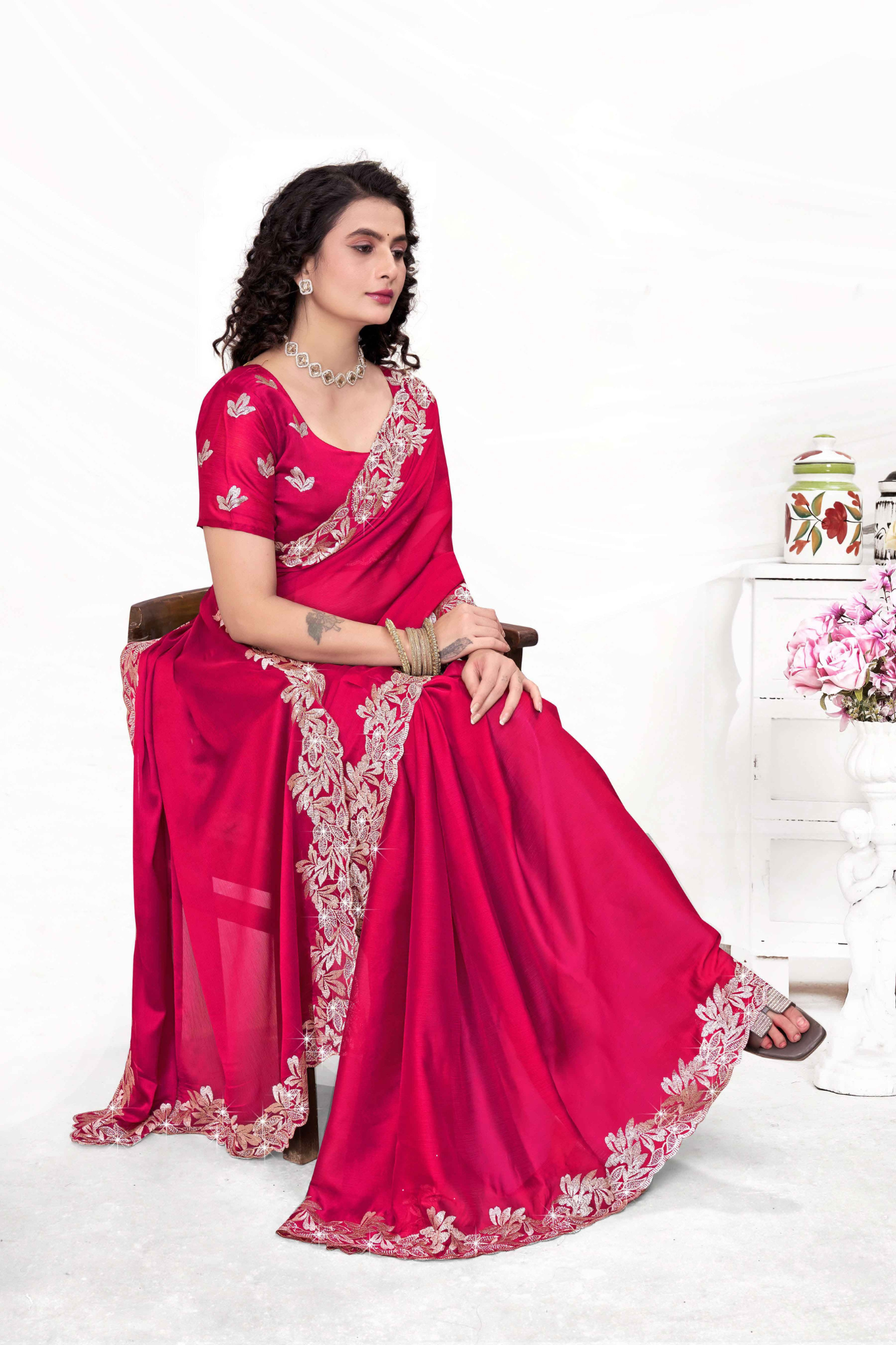 Embroidered Party Saree with Contrast Blouse