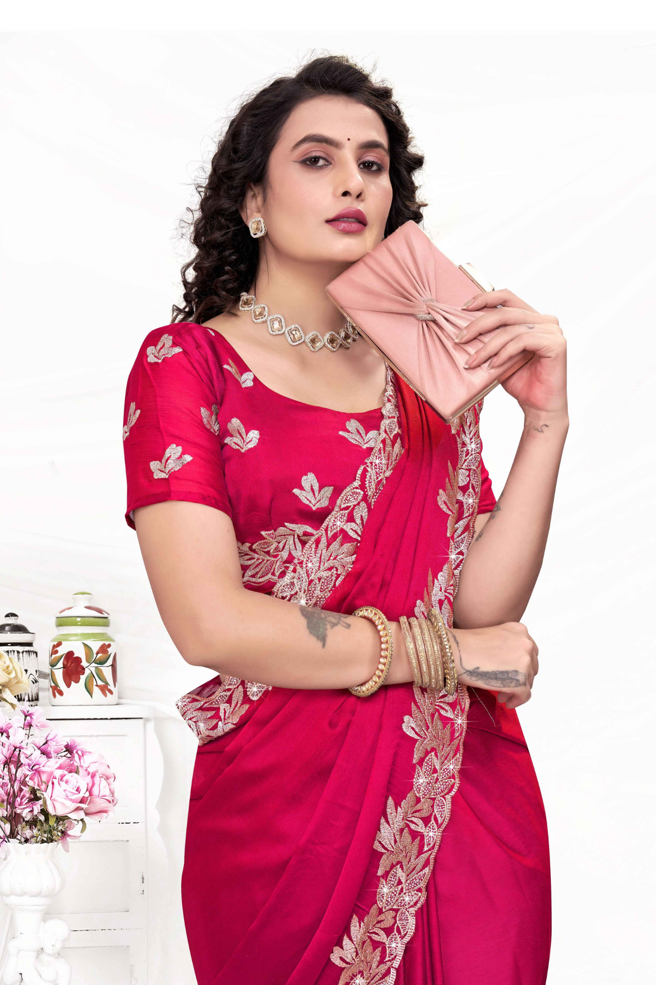 Embroidered Party Saree with Contrast Blouse