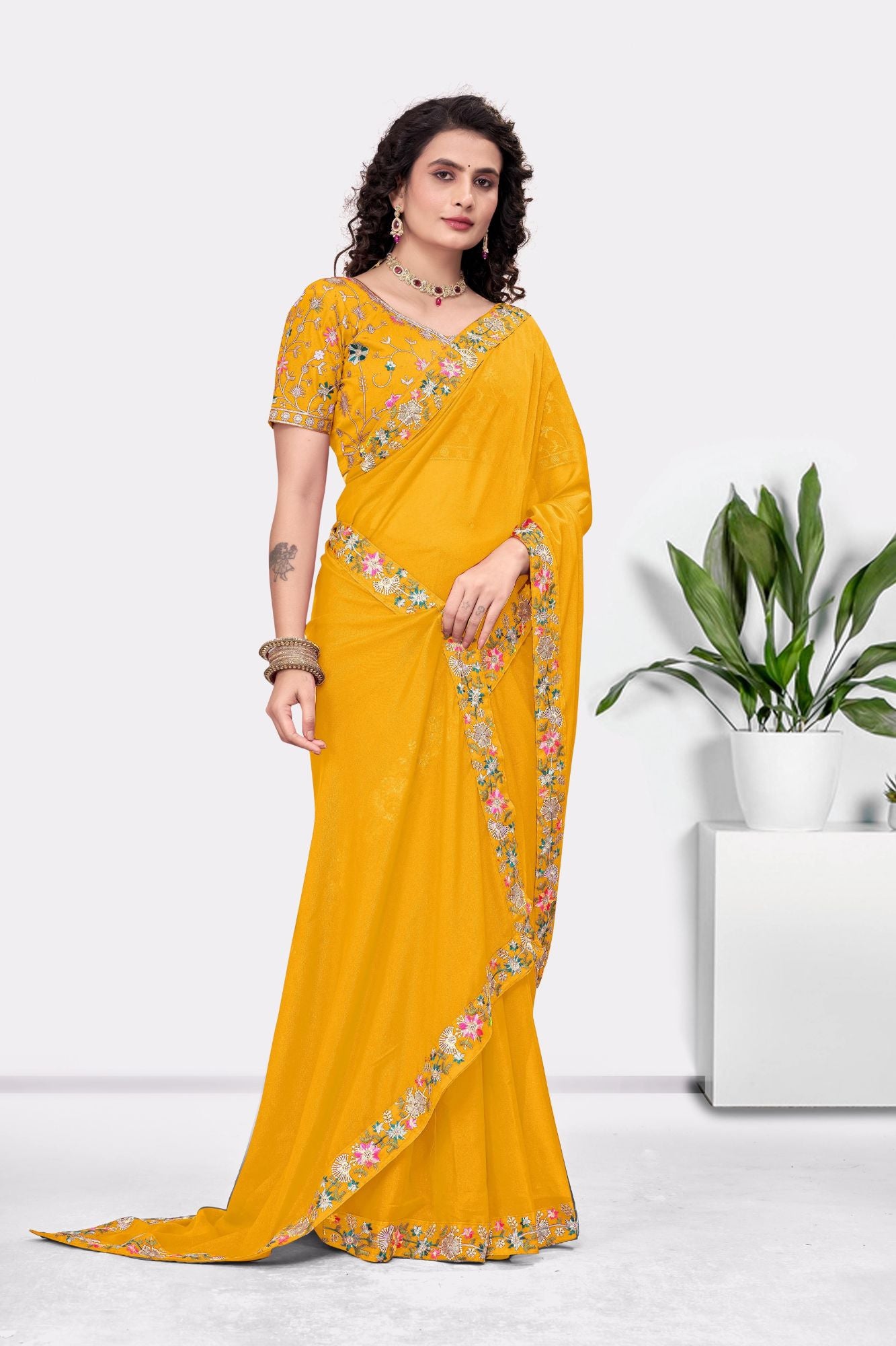 Embroidered Party Saree with Contrast Blouse