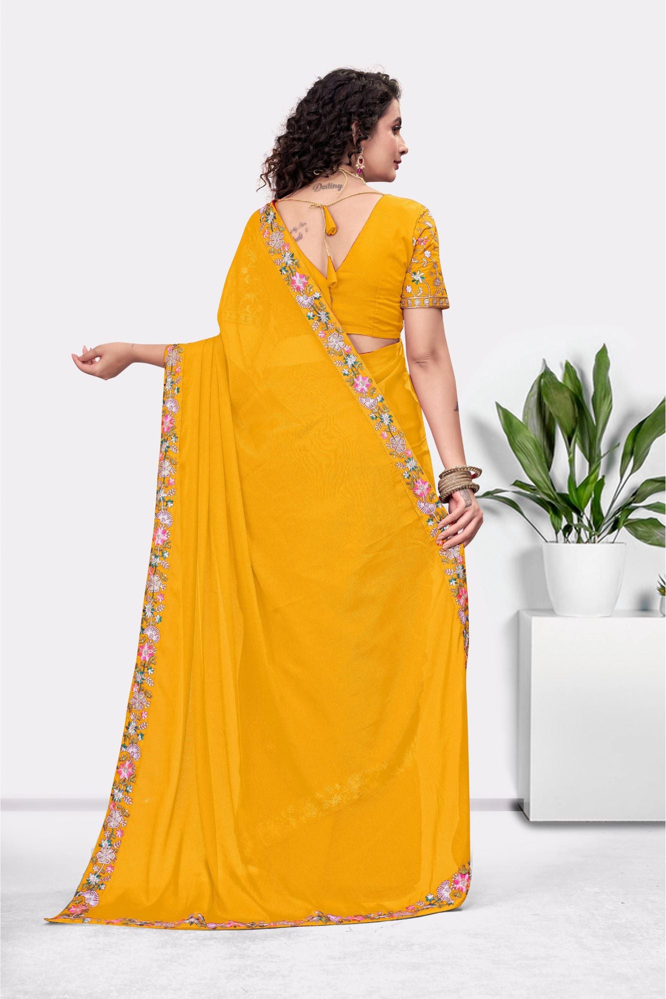 Embroidered Party Saree with Contrast Blouse