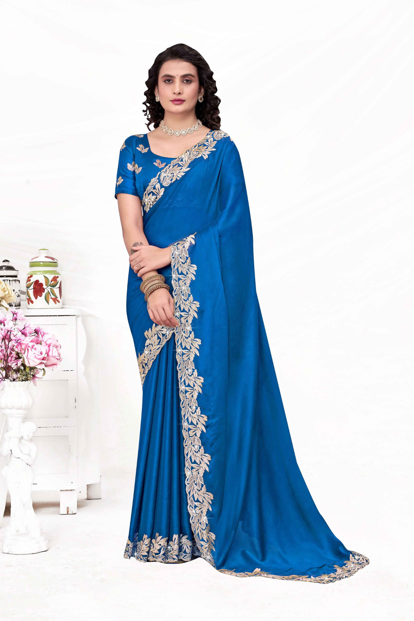 Embroidered Party Saree with Contrast Blouse