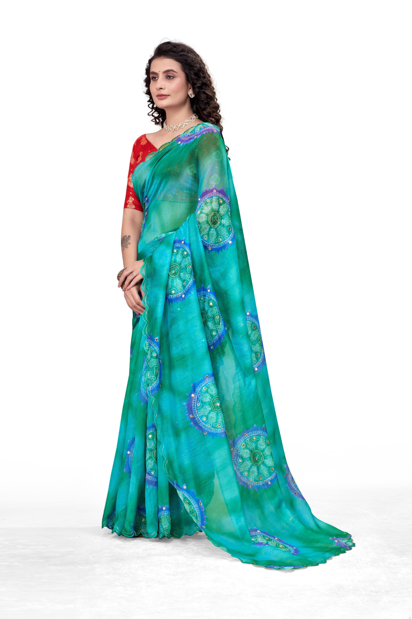 Elegant Aqua Blue Printed Georgette Saree with Contrast Red Blouse