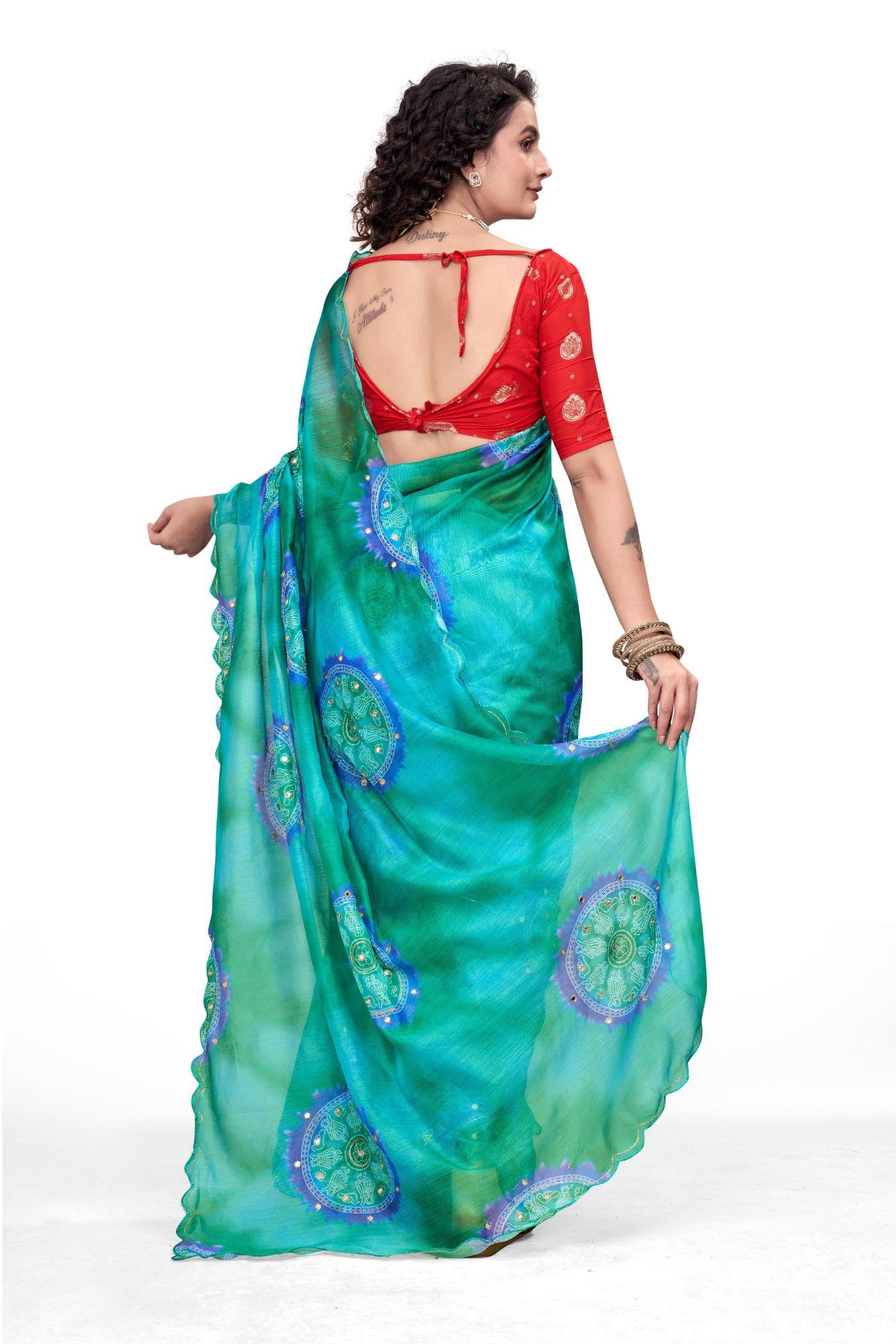 Elegant Aqua Blue Printed Georgette Saree with Contrast Red Blouse