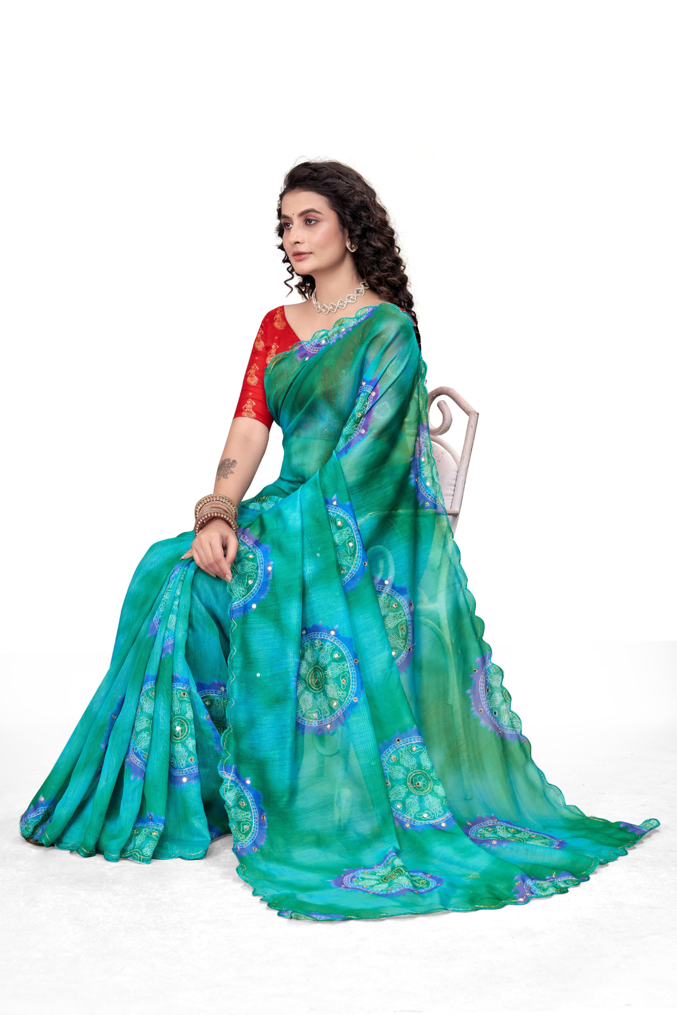 Elegant Aqua Blue Printed Georgette Saree with Contrast Red Blouse