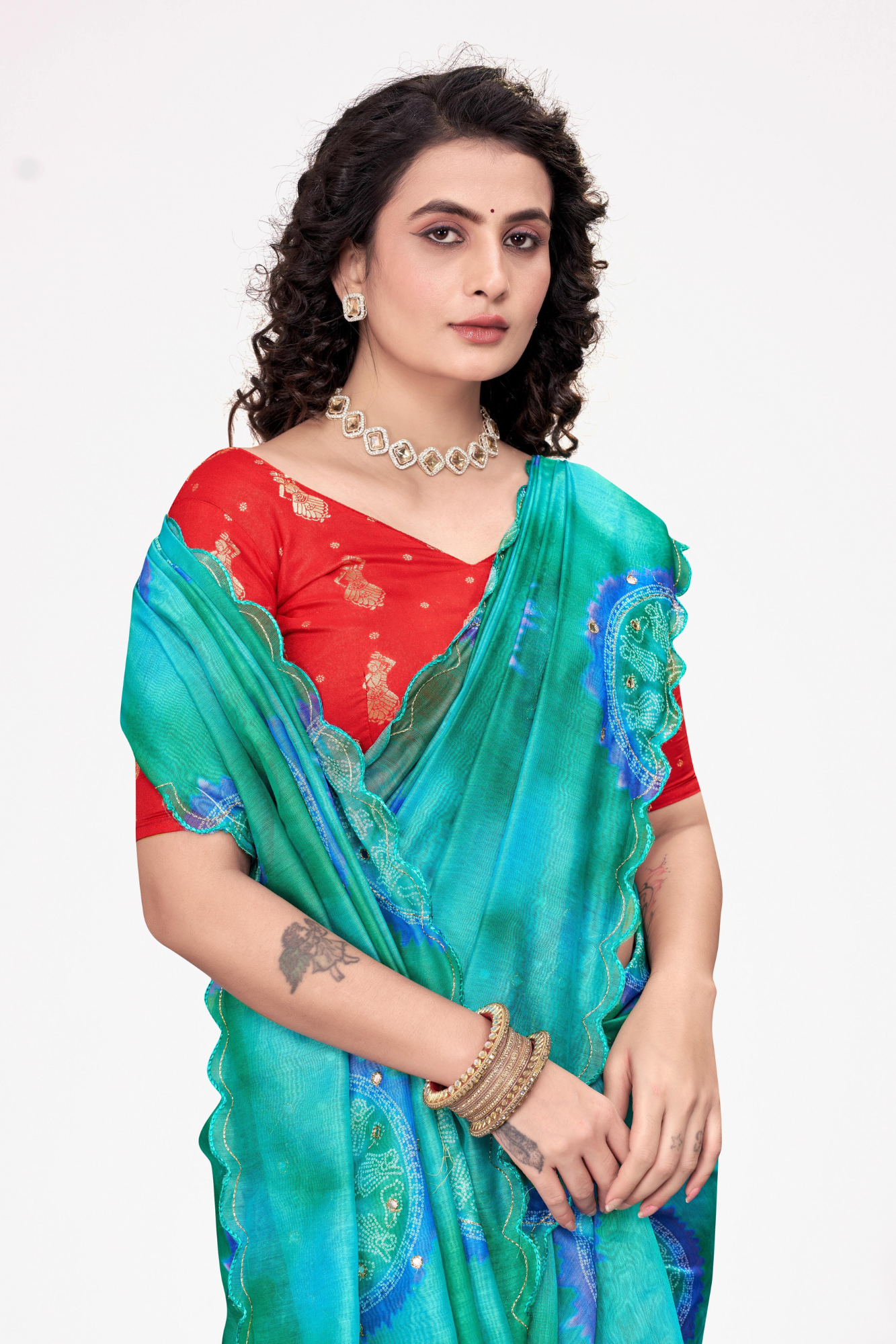Elegant Aqua Blue Printed Georgette Saree with Contrast Red Blouse