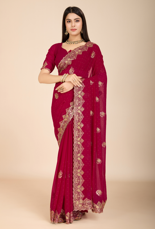 Elegant Deep Maroon Saree with Intricate Golden Embroidery Perfect for Weddings & Festive Occasions