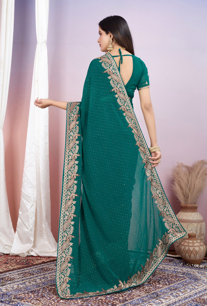 Regal Teal Green Saree with Exquisite Golden Embroidery