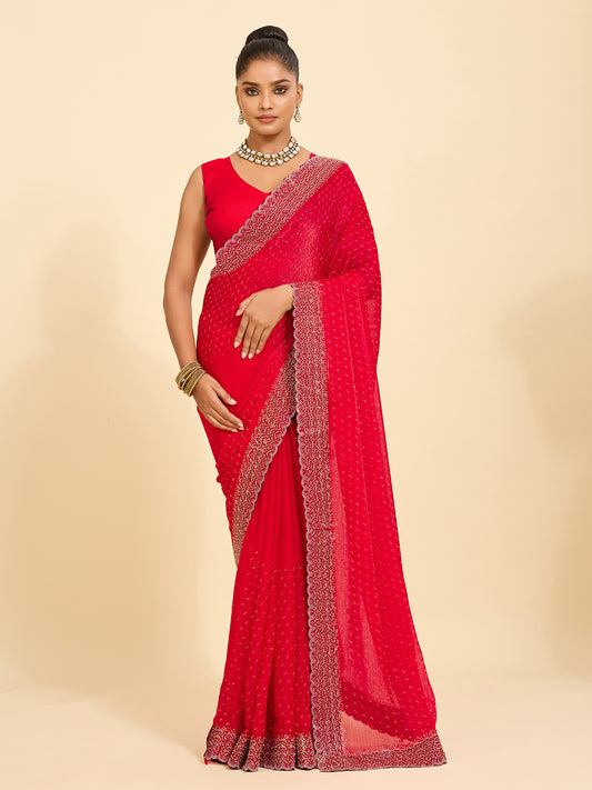Redefined Grace – Crimson Red Saree Adorned with Pearl Work