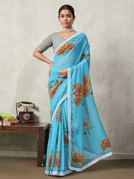 Elegant Floral Printed Georgette Saree with Lace Border