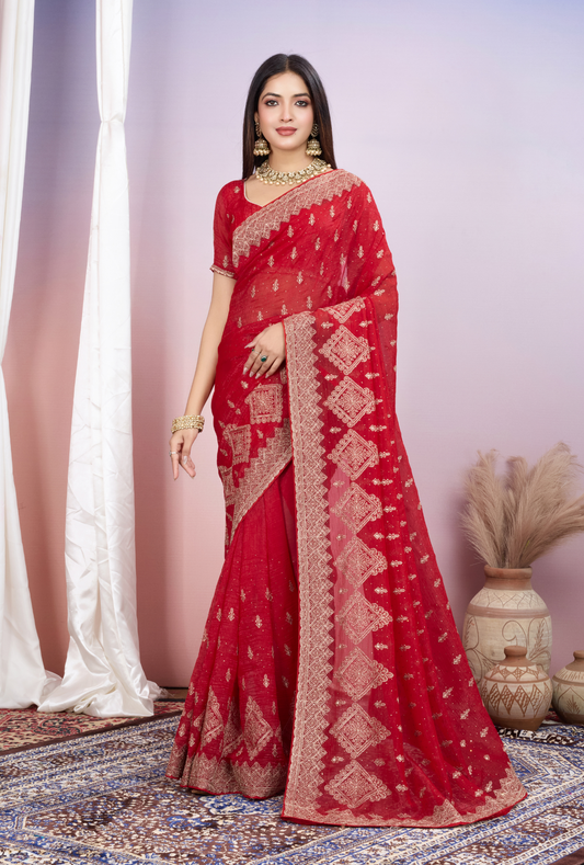 Bright Red Saree with Heavy Golden Embroidery & Designer Border