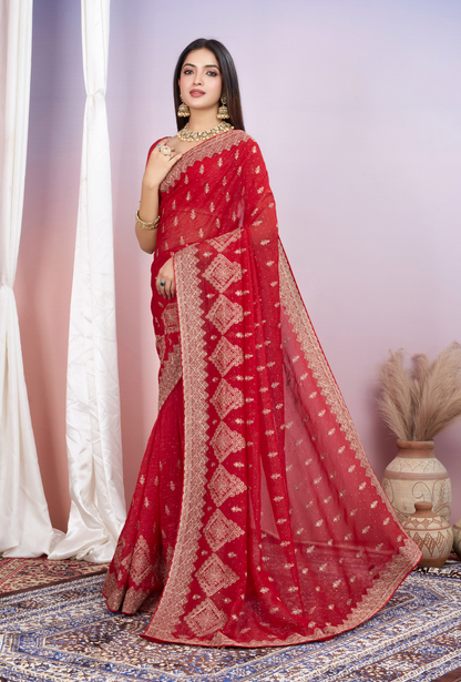 Bright Red Saree with Heavy Golden Embroidery & Designer Border