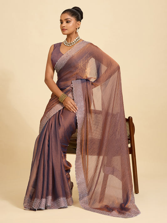 Luxury Redefined – Coffee Brown Saree with Lustrous Copper Touch