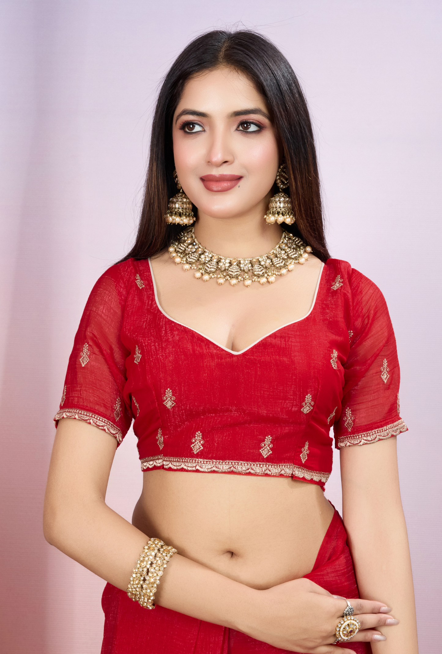 Bright Red Saree with Heavy Golden Embroidery & Designer Border