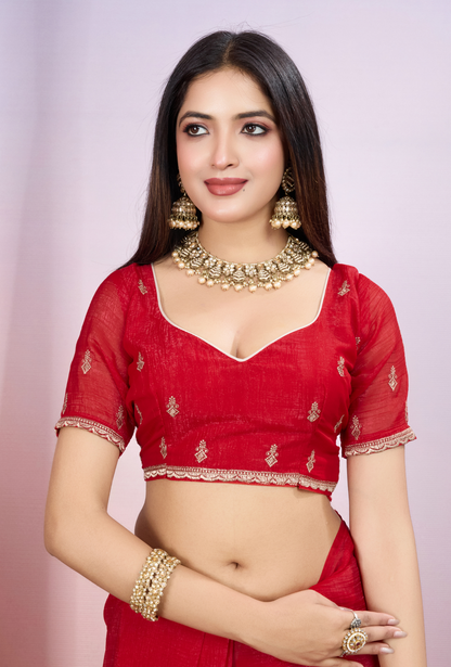 Bright Red Saree with Heavy Golden Embroidery & Designer Border